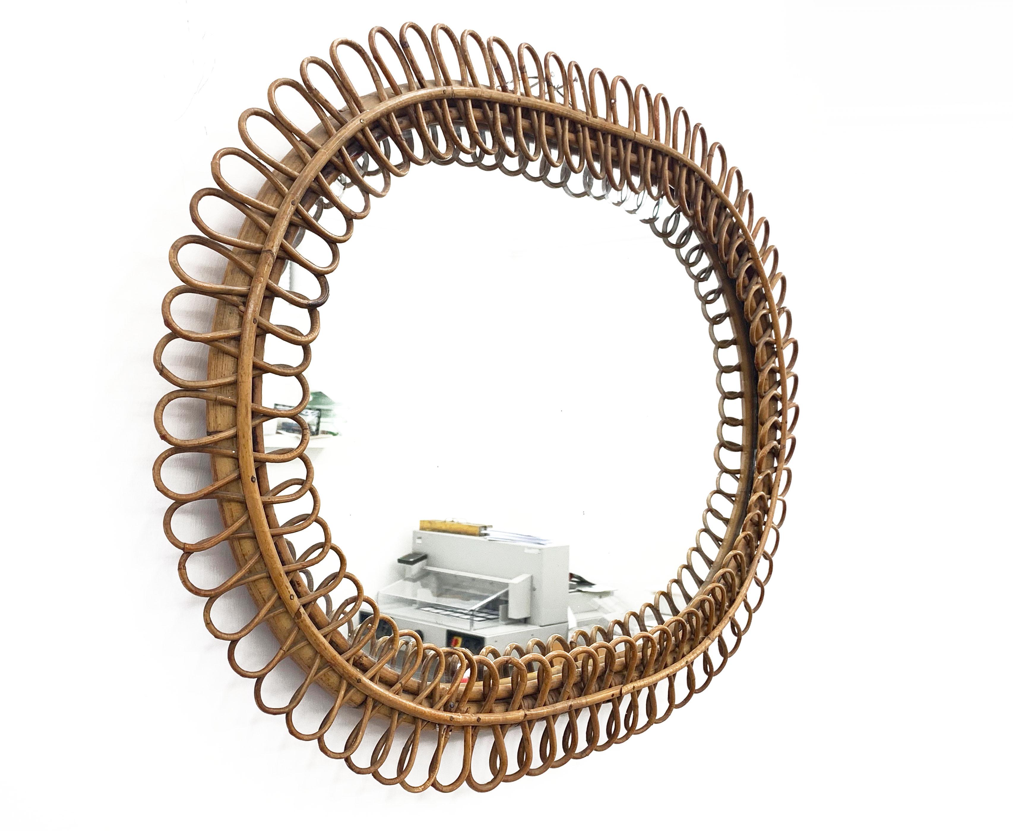 Mid-20th Century France Riviera Franco Albini for Bonacina Rattan Bamboo Oval Mirror Italy, 1960s