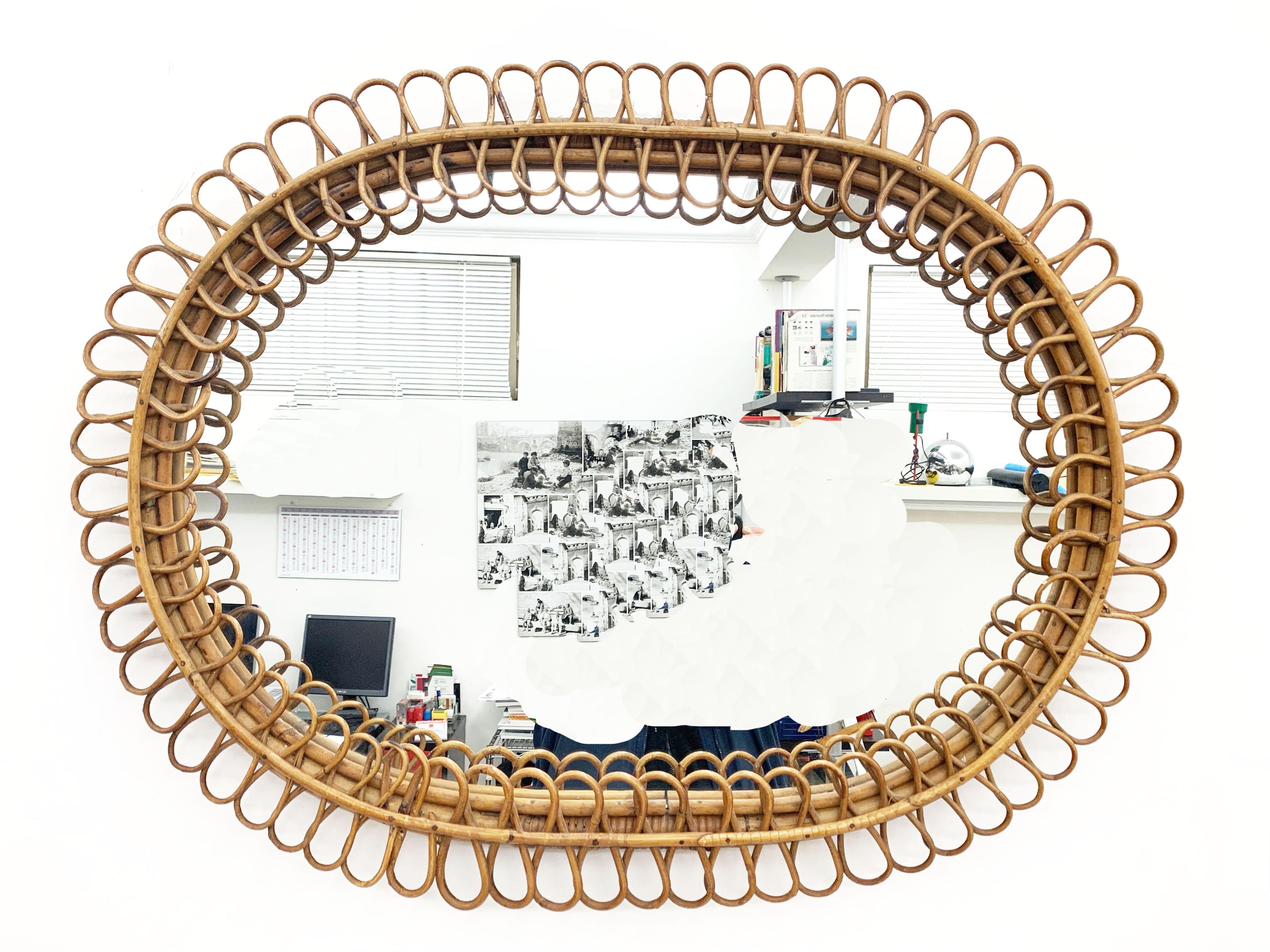 France Riviera Franco Albini for Bonacina Rattan Bamboo Oval Mirror Italy, 1960s 2