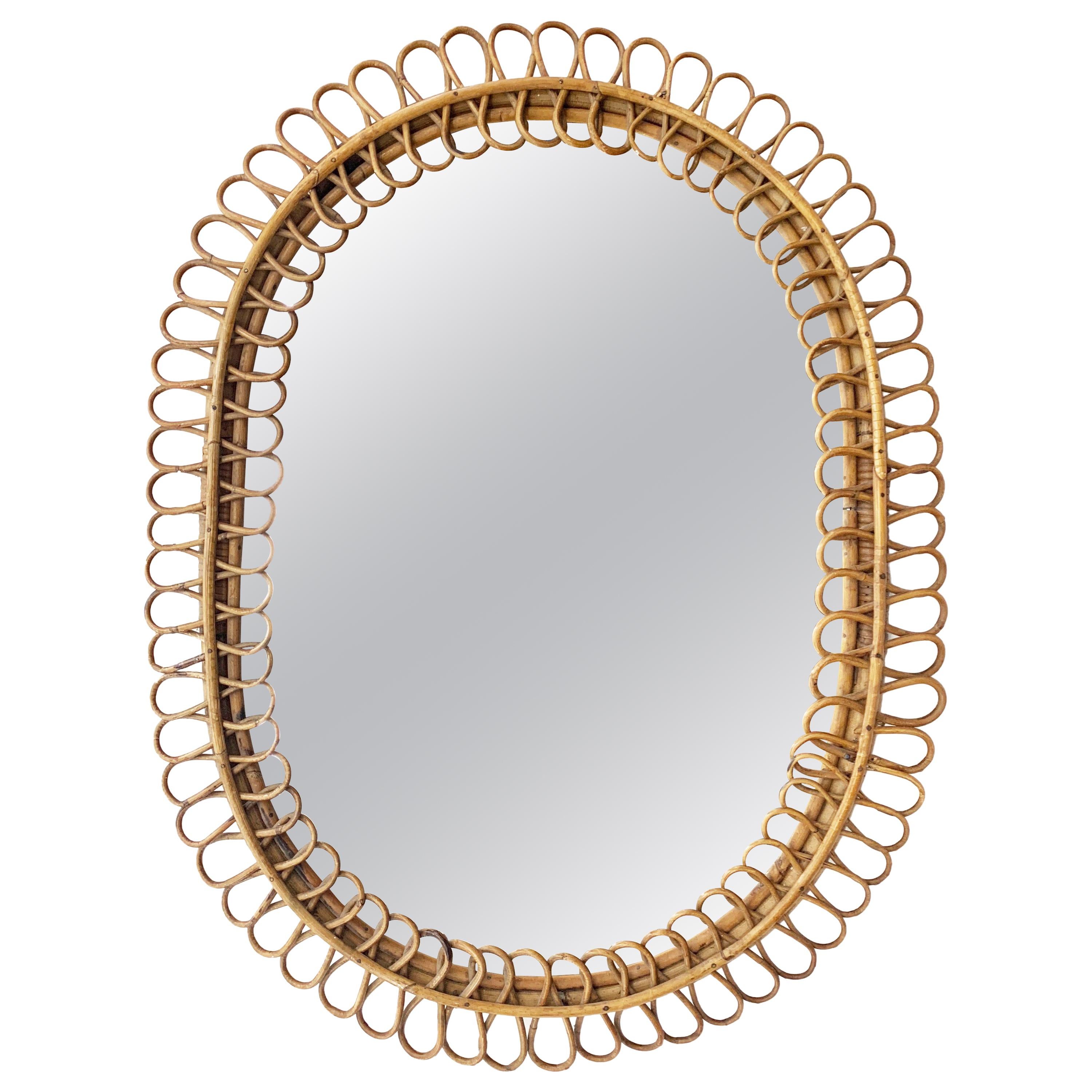 France Riviera Franco Albini for Bonacina Rattan Bamboo Oval Mirror Italy, 1960s