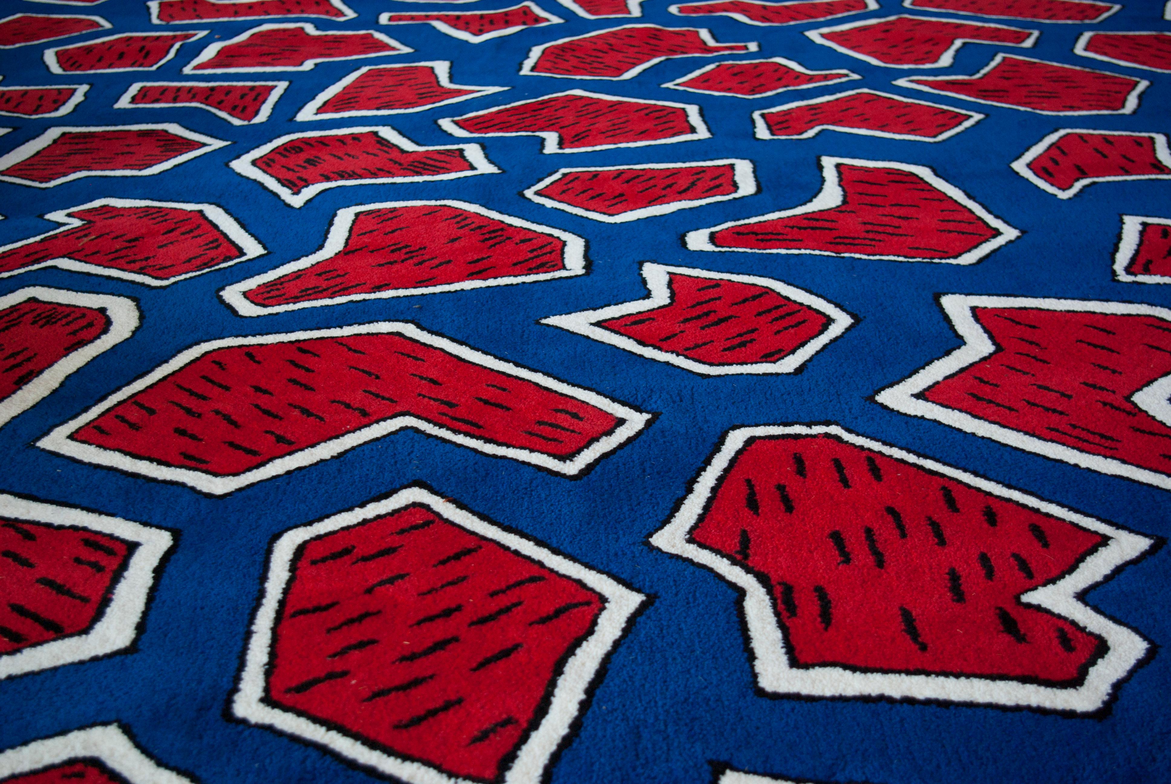 Contemporary France Rug Red, Blue, Black, White For Sale