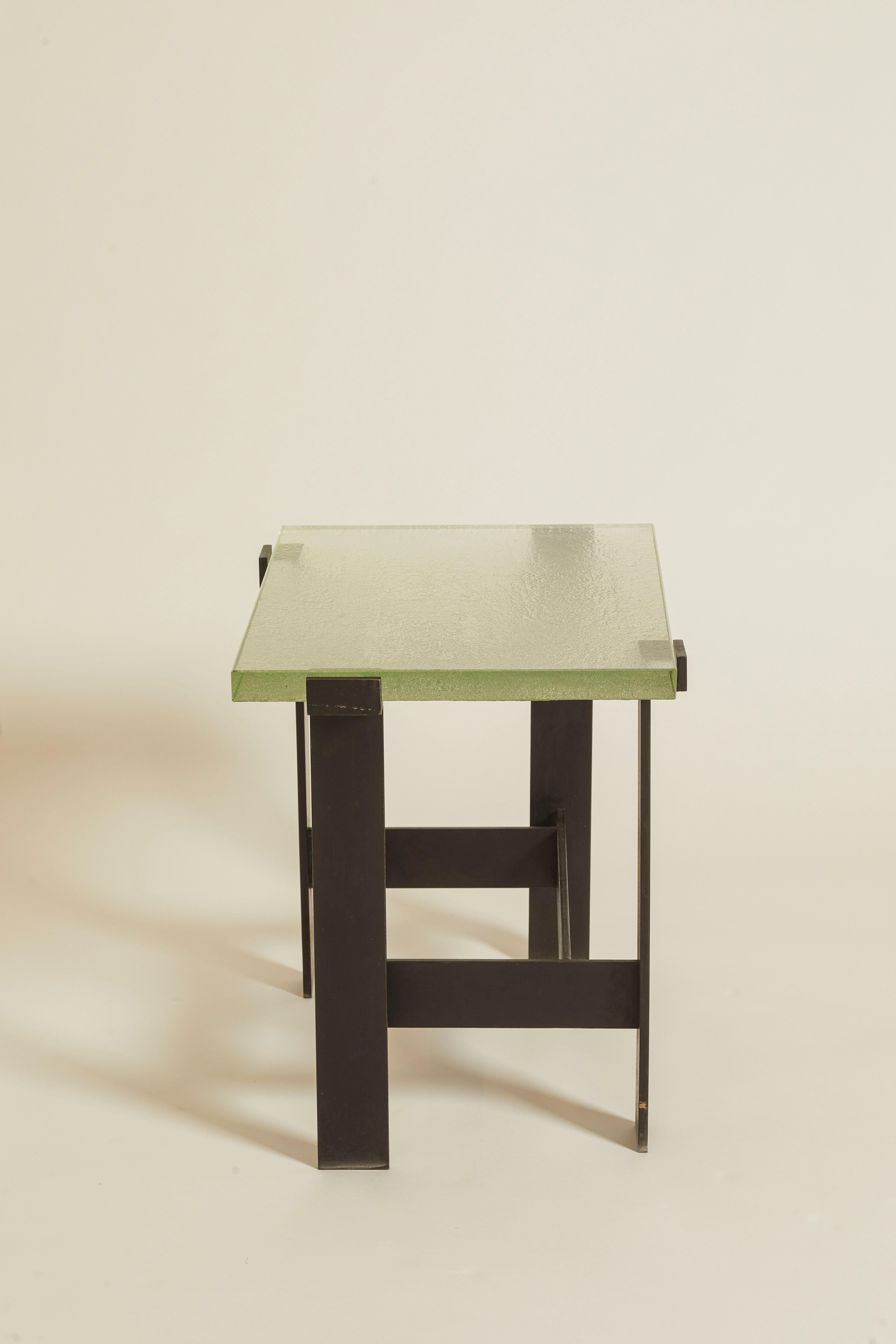 Unique Saint Gobain glass & black metal side table