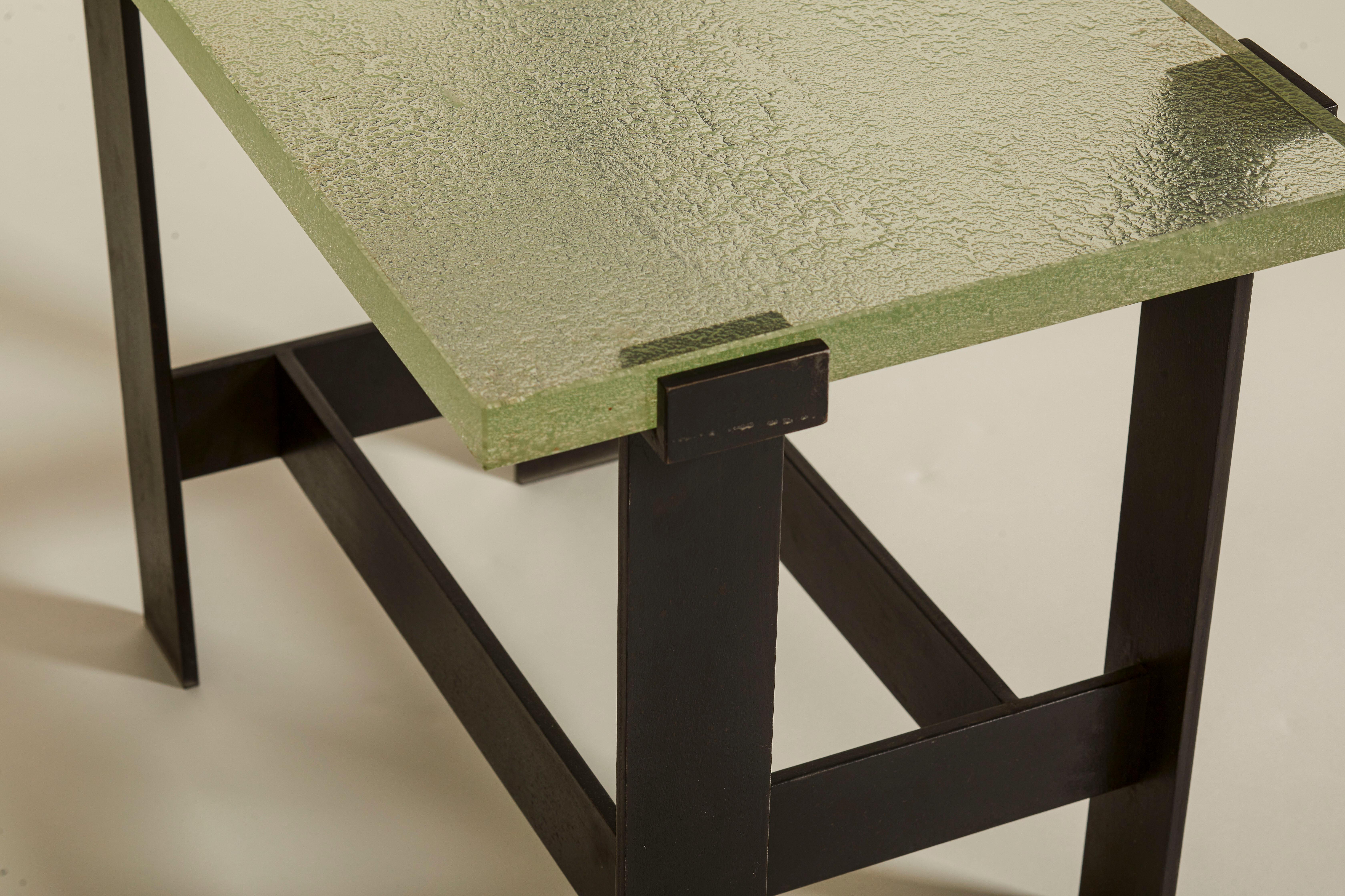 French Contemporary Saint Gobain Glass & Black Metal Side Table, France For Sale