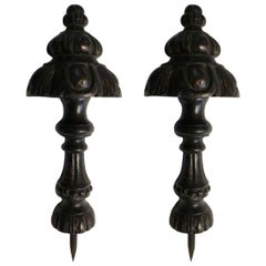 France Set of 2 Black Lacquered Engraved Wooden Curtain Tiebacks