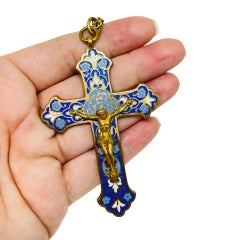 FRANCE signed Crucifix cross enamel gold tone chain necklace pendant