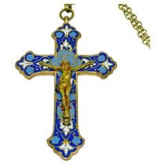 FRANCE signed Crucifix cross enamel gold tone chain necklace pendant