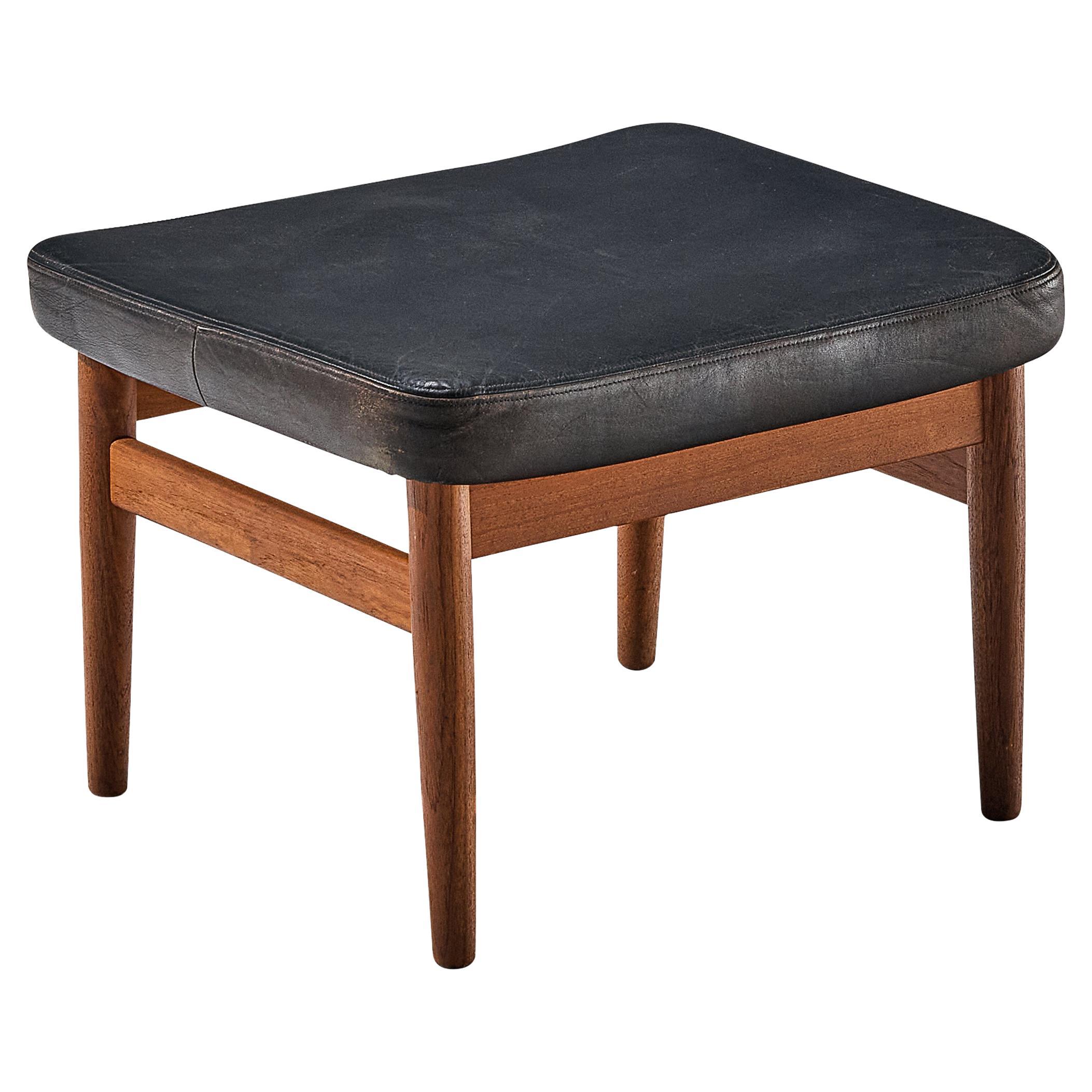 France & Søn Stool in Leather and Teak  For Sale