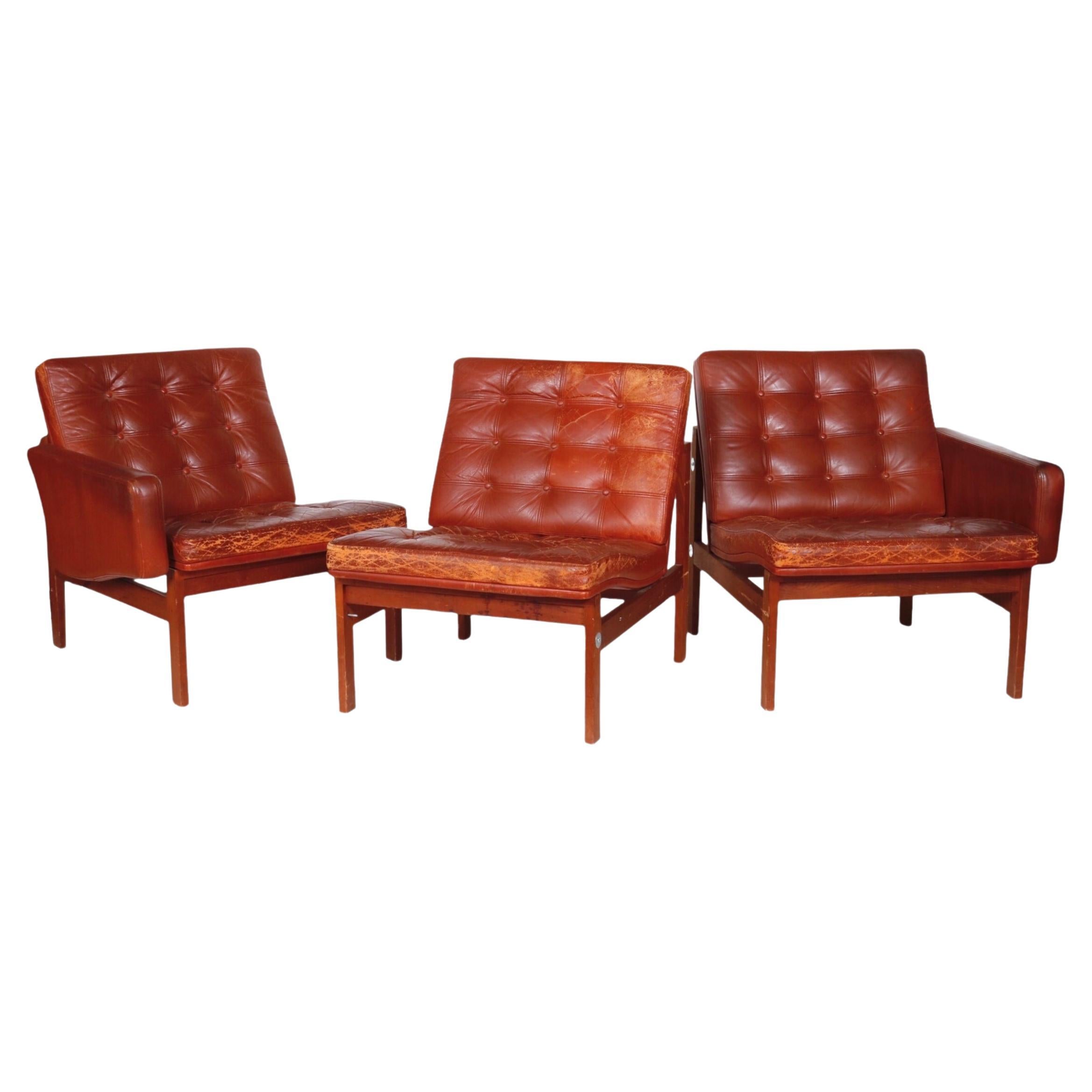 Mid-Century Modern France & Son Moduline Brown Leather Sofa by Gjerlov-Knudsen