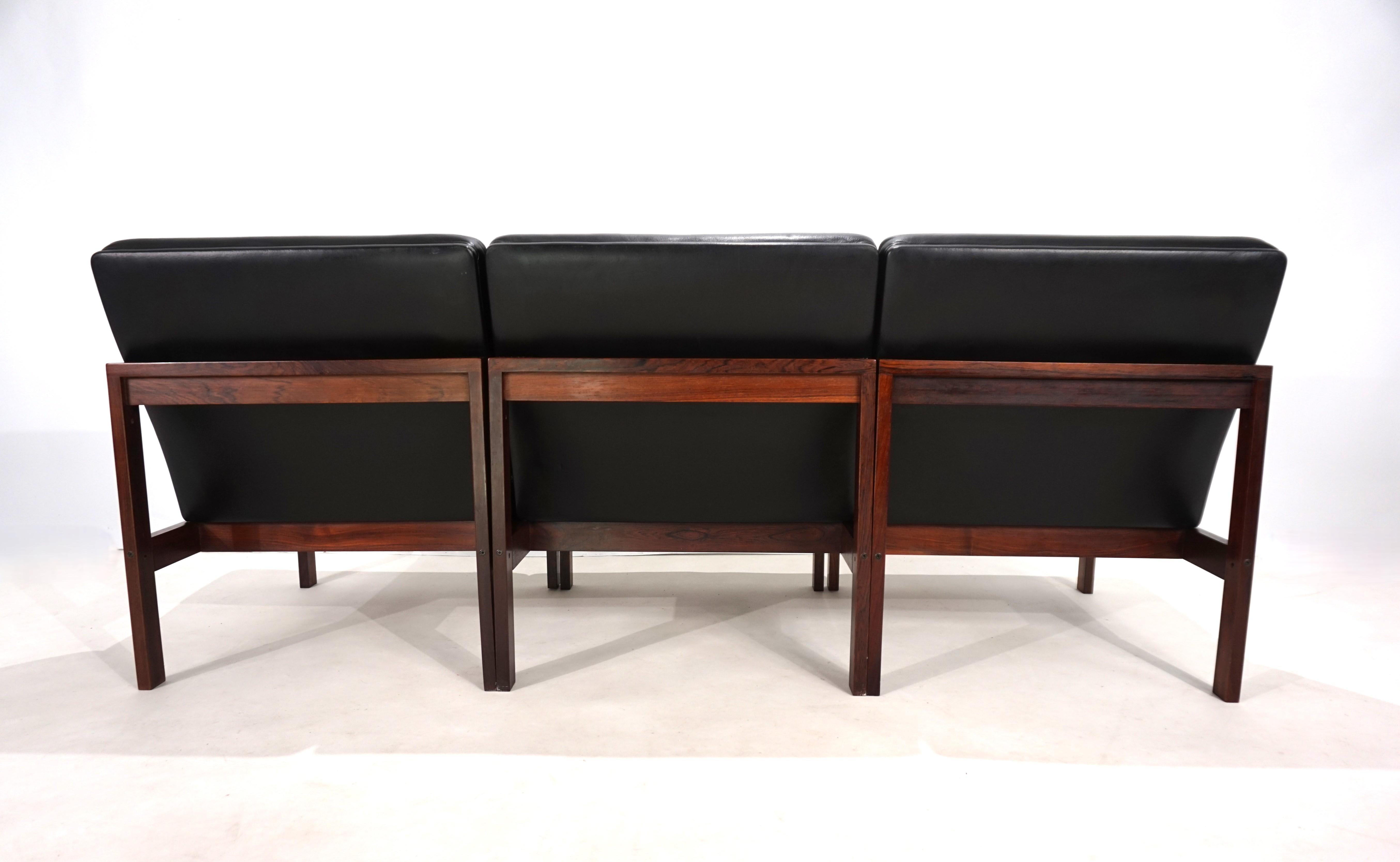 France & Son Juego de 3 sillones modulares de cuero de O. Gjerløv-Knudsen/T. Lind mediados del siglo XX en venta
