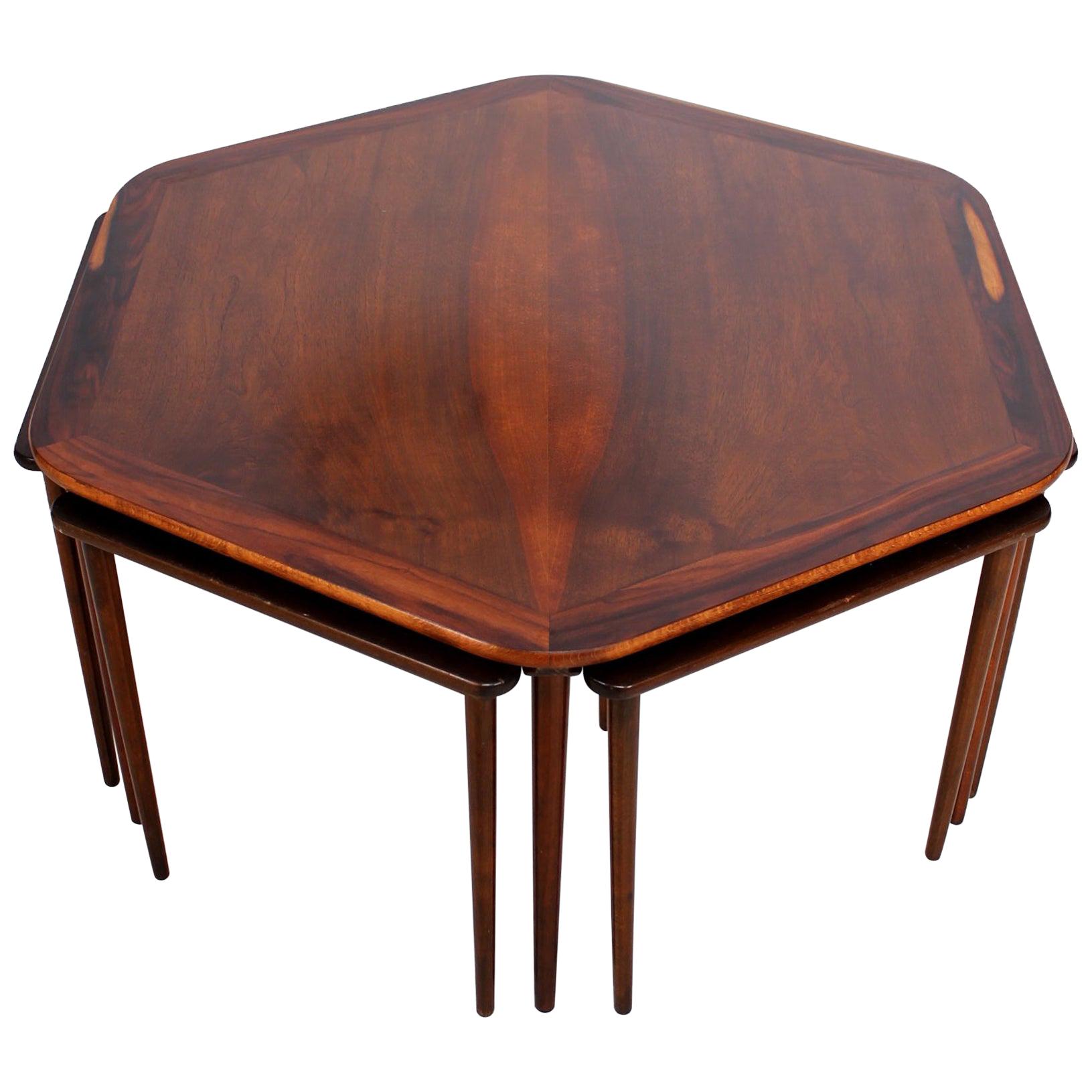 France & Son Rosewood Hexagonal Coffee Table and 6 Nesting Tables 1950s Denmark