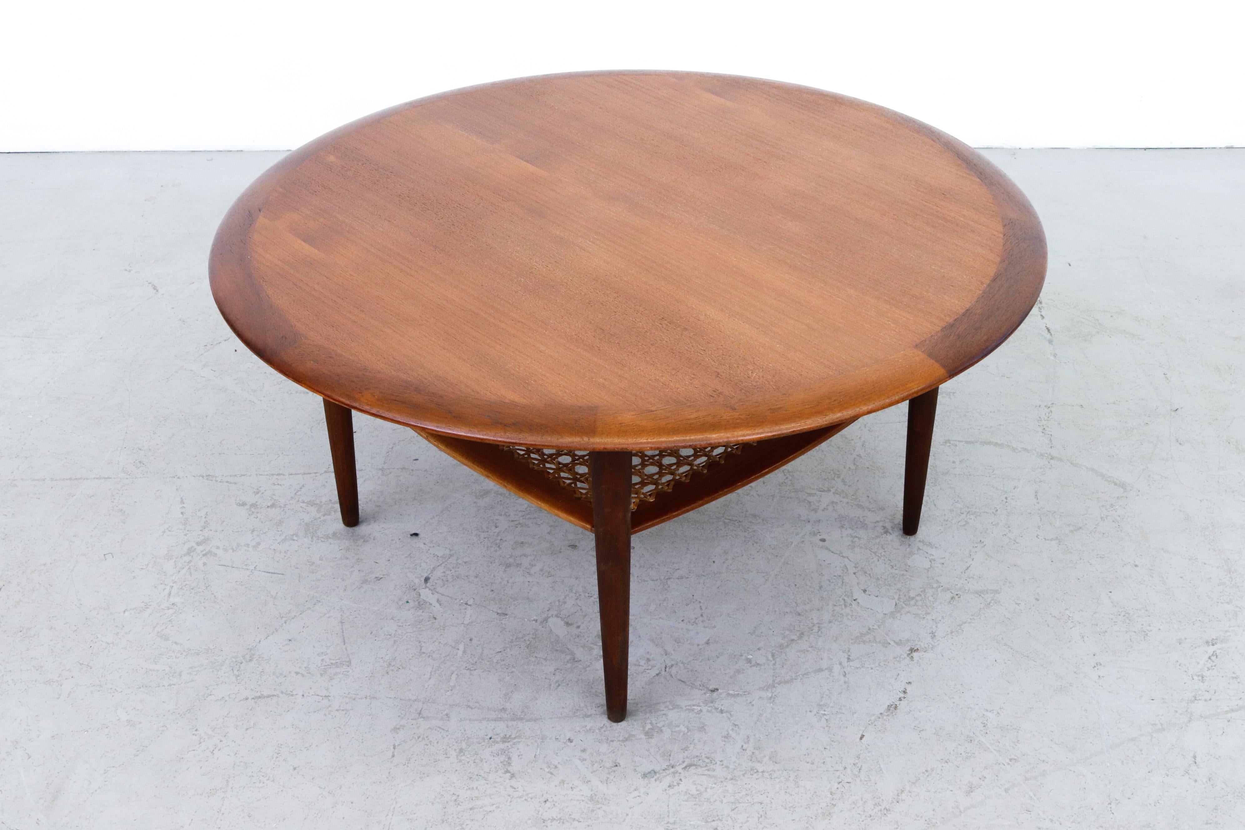Mid-20th Century France & Son Teak Coffee Table with Rattan Lower Shelf, 1960's