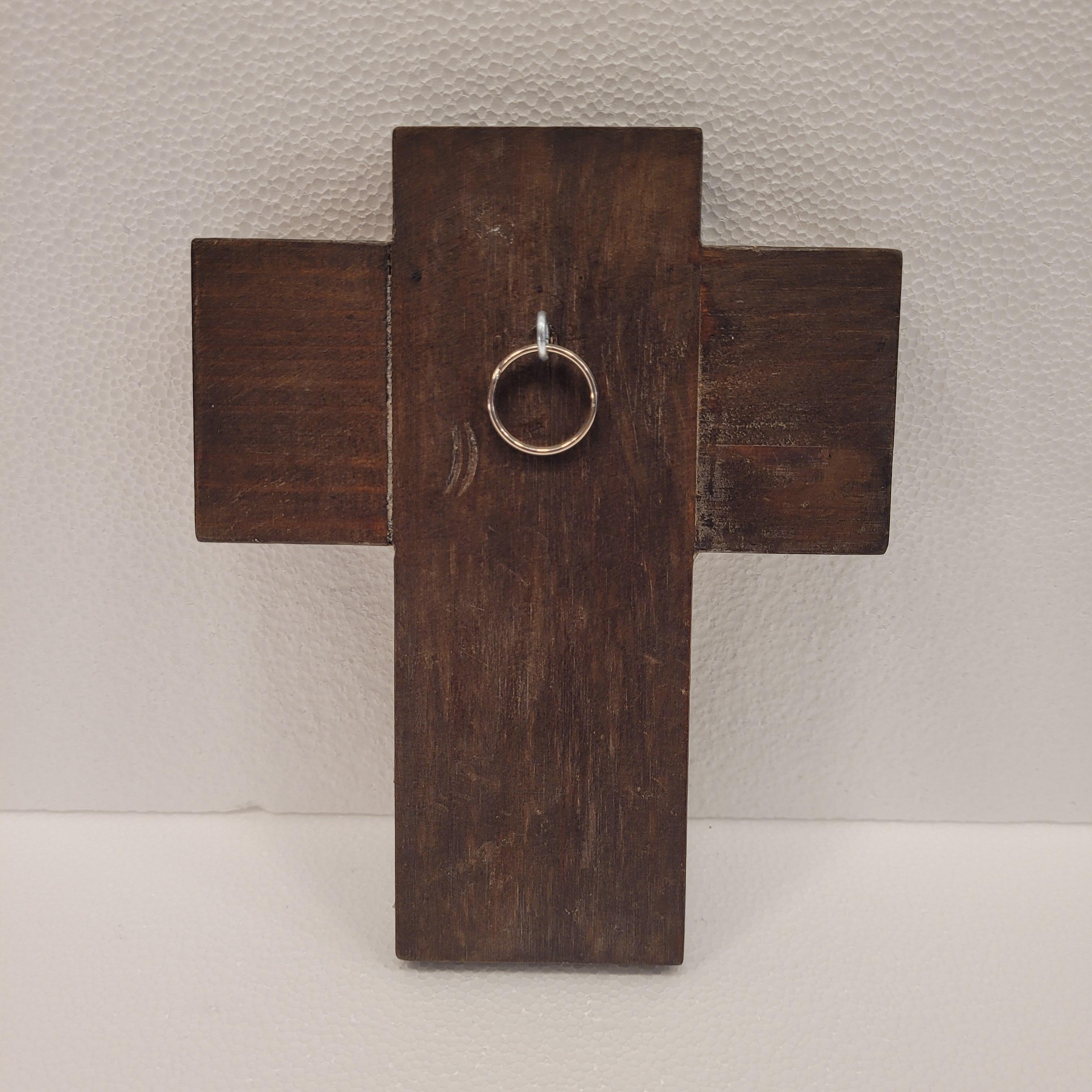 France Vintage Fire-enameled crucified Christ, brass and wood cross For Sale 5