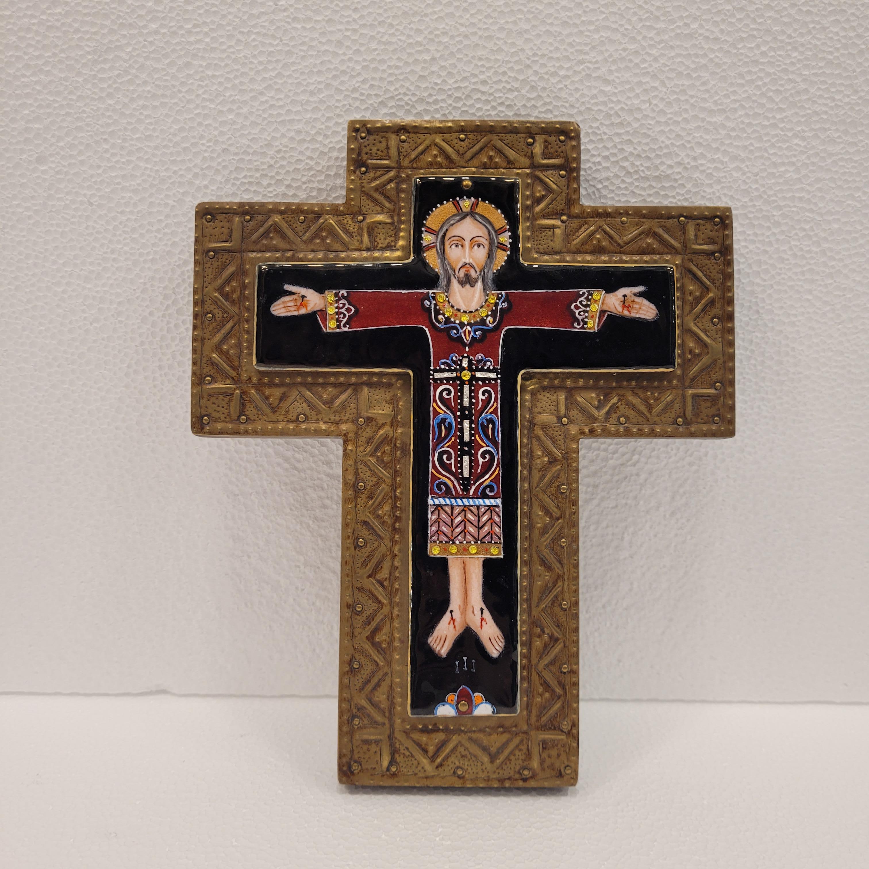 France Vintage Fire-enameled crucified Christ, brass and wood cross For Sale 9