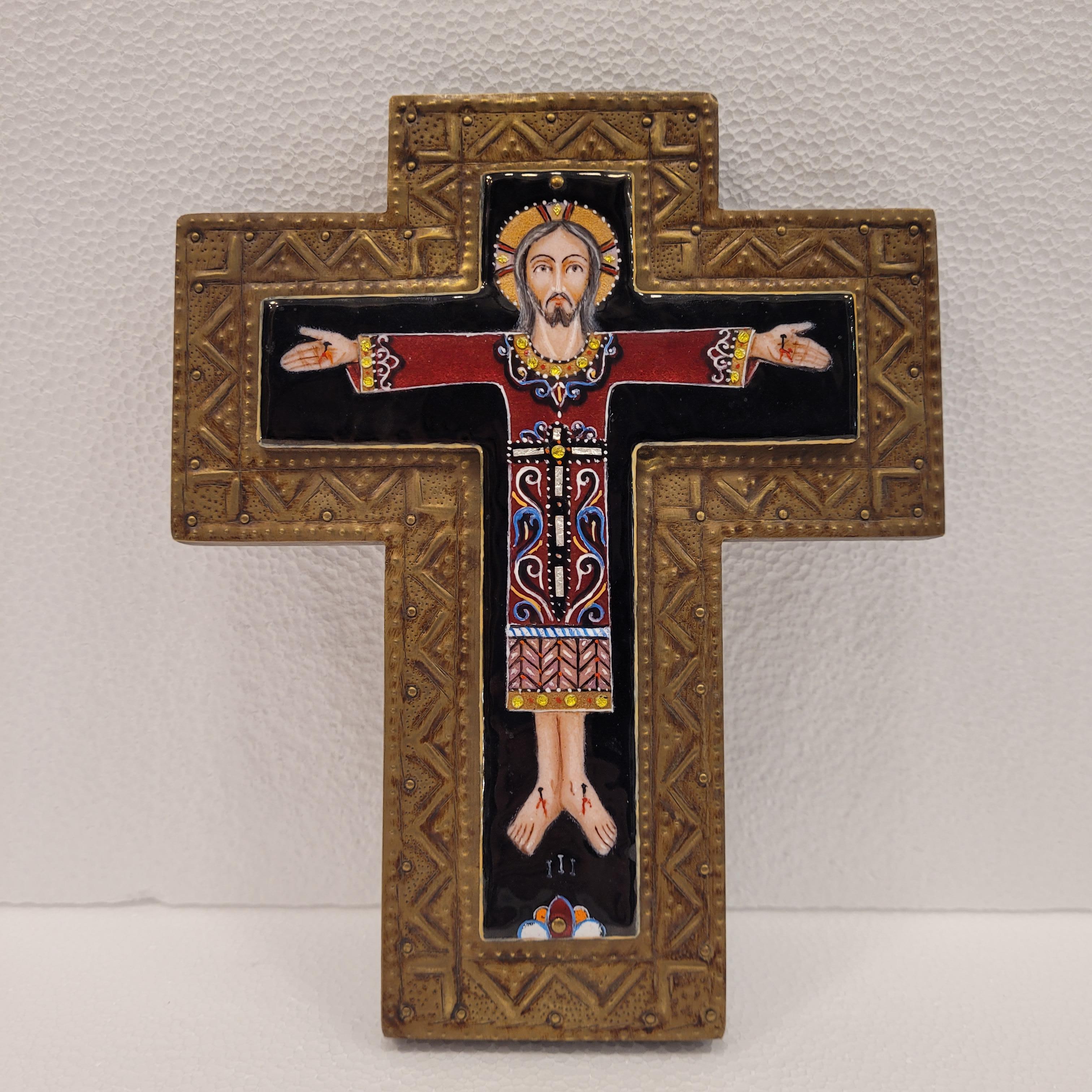 France Vintage Fire-enameled crucified Christ, brass and wood cross For Sale 10