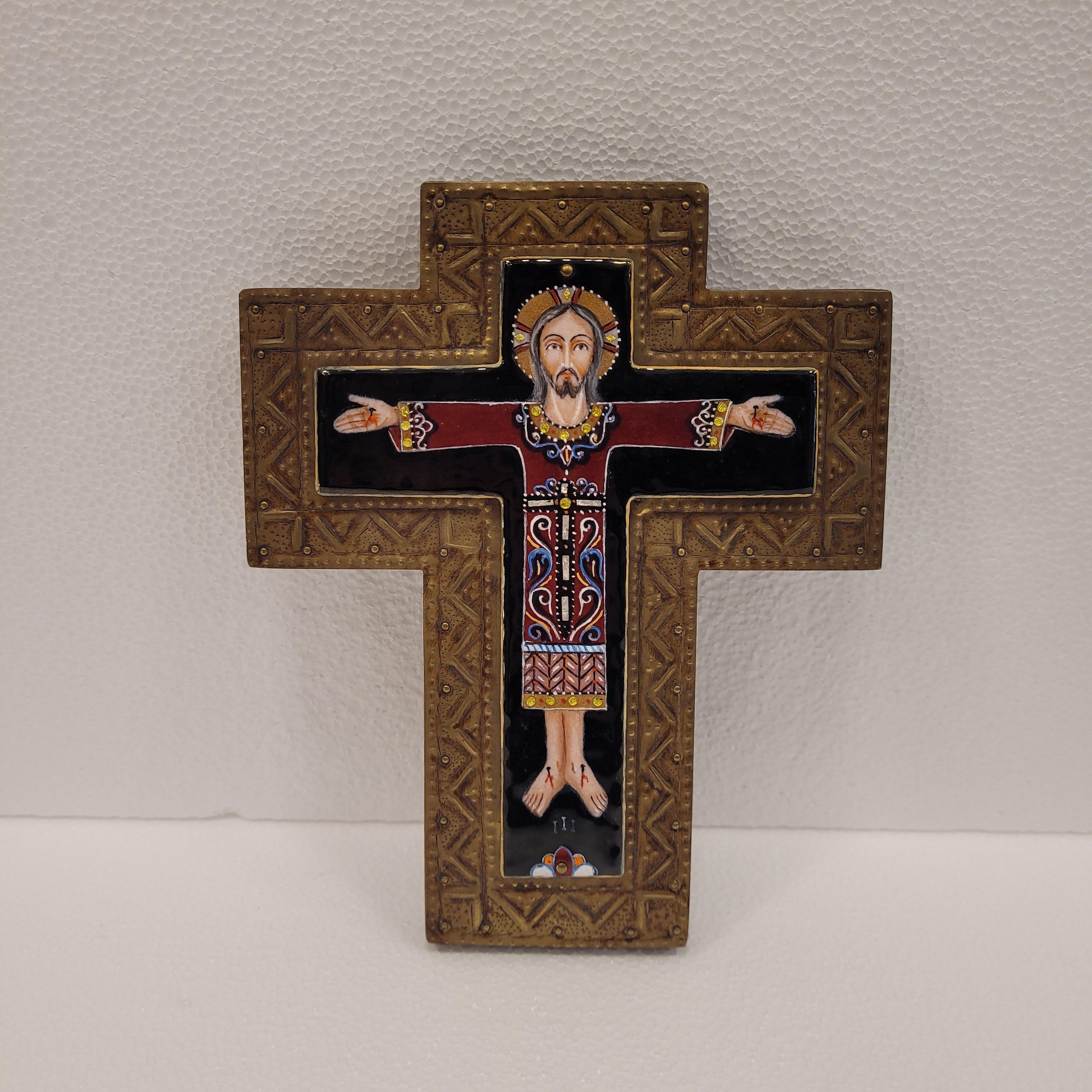 France Vintage Fire-enameled crucified Christ, brass and wood cross For Sale 11