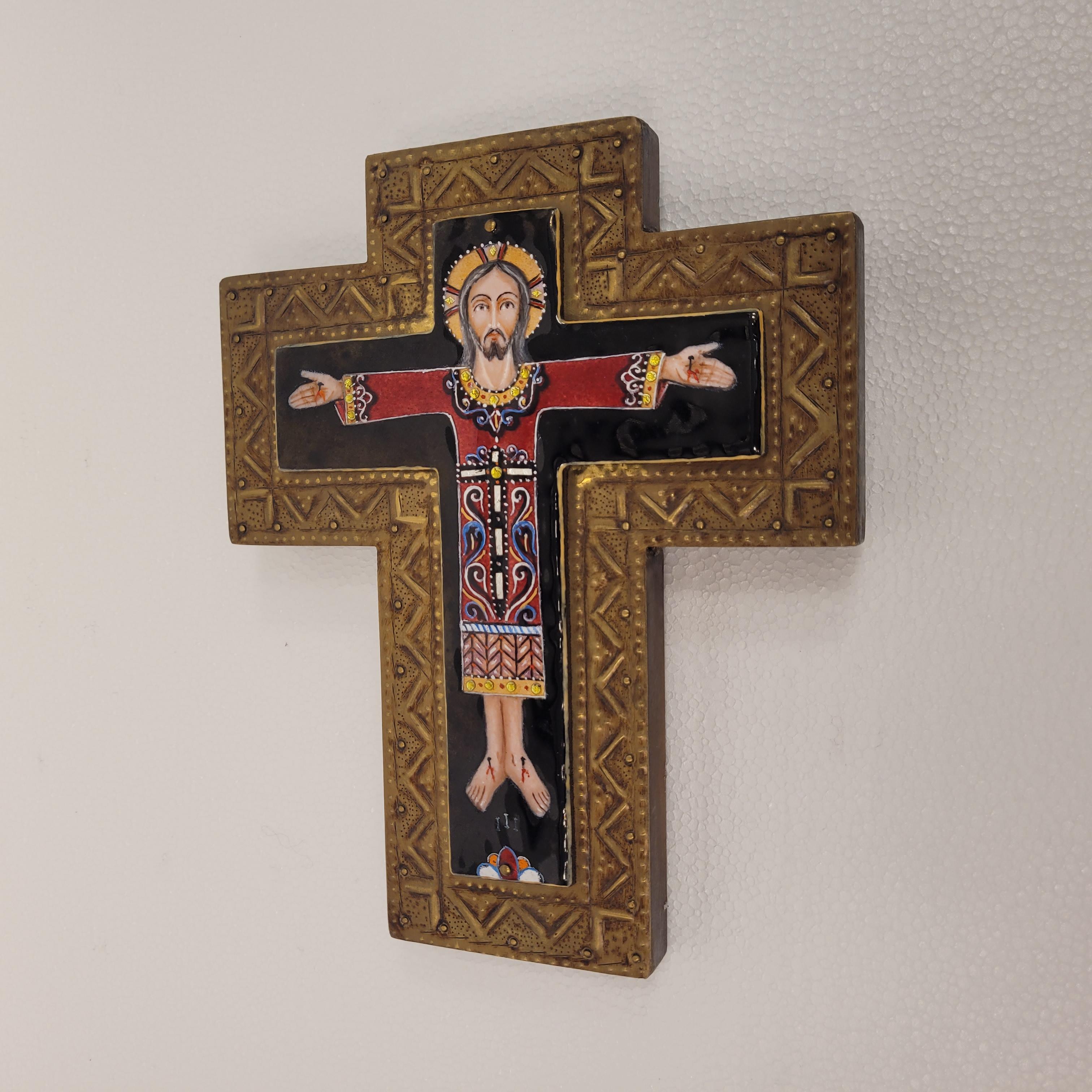 France Vintage Fire-enameled crucified Christ, brass and wood cross For Sale 13