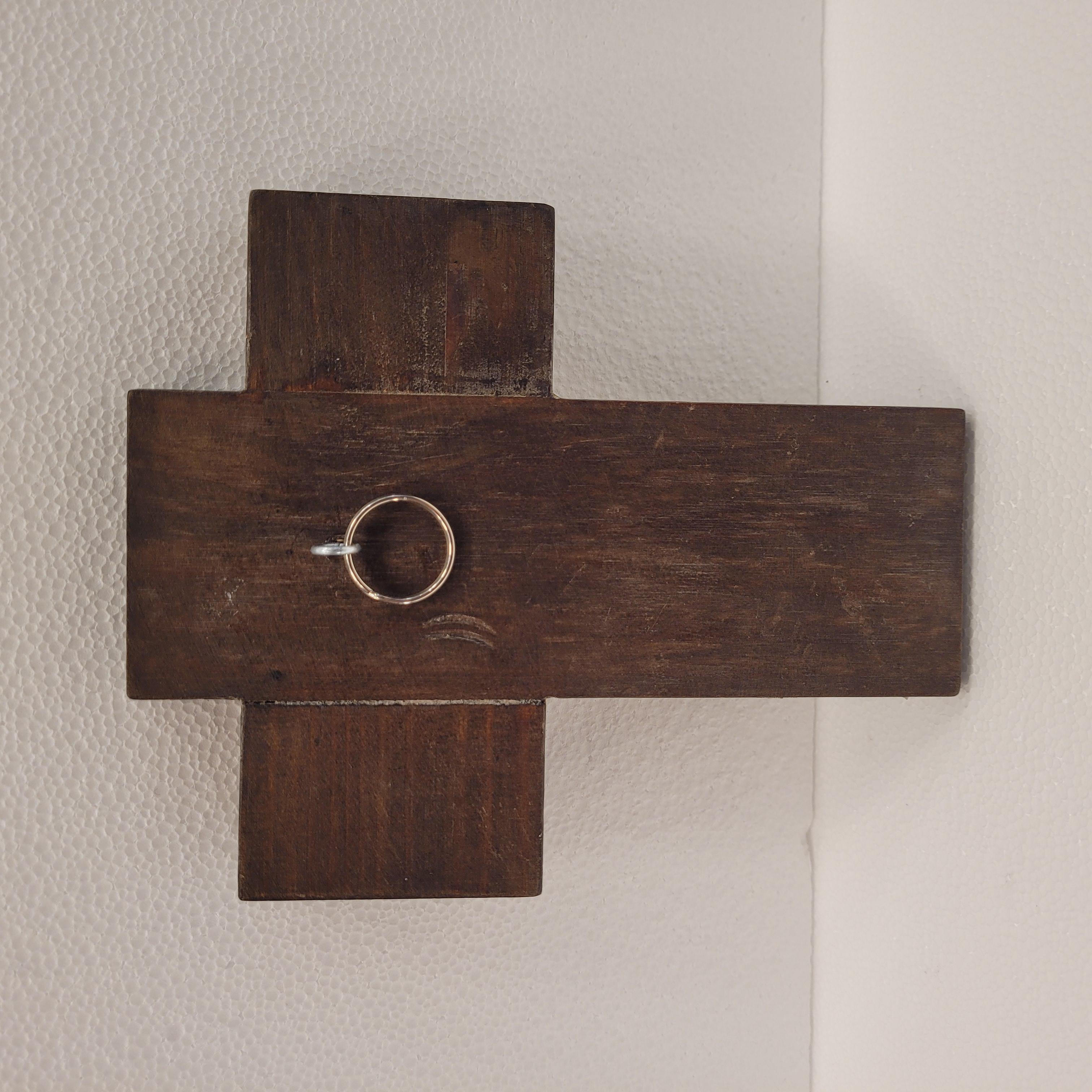 France Vintage Fire-enameled crucified Christ, brass and wood cross For Sale 15