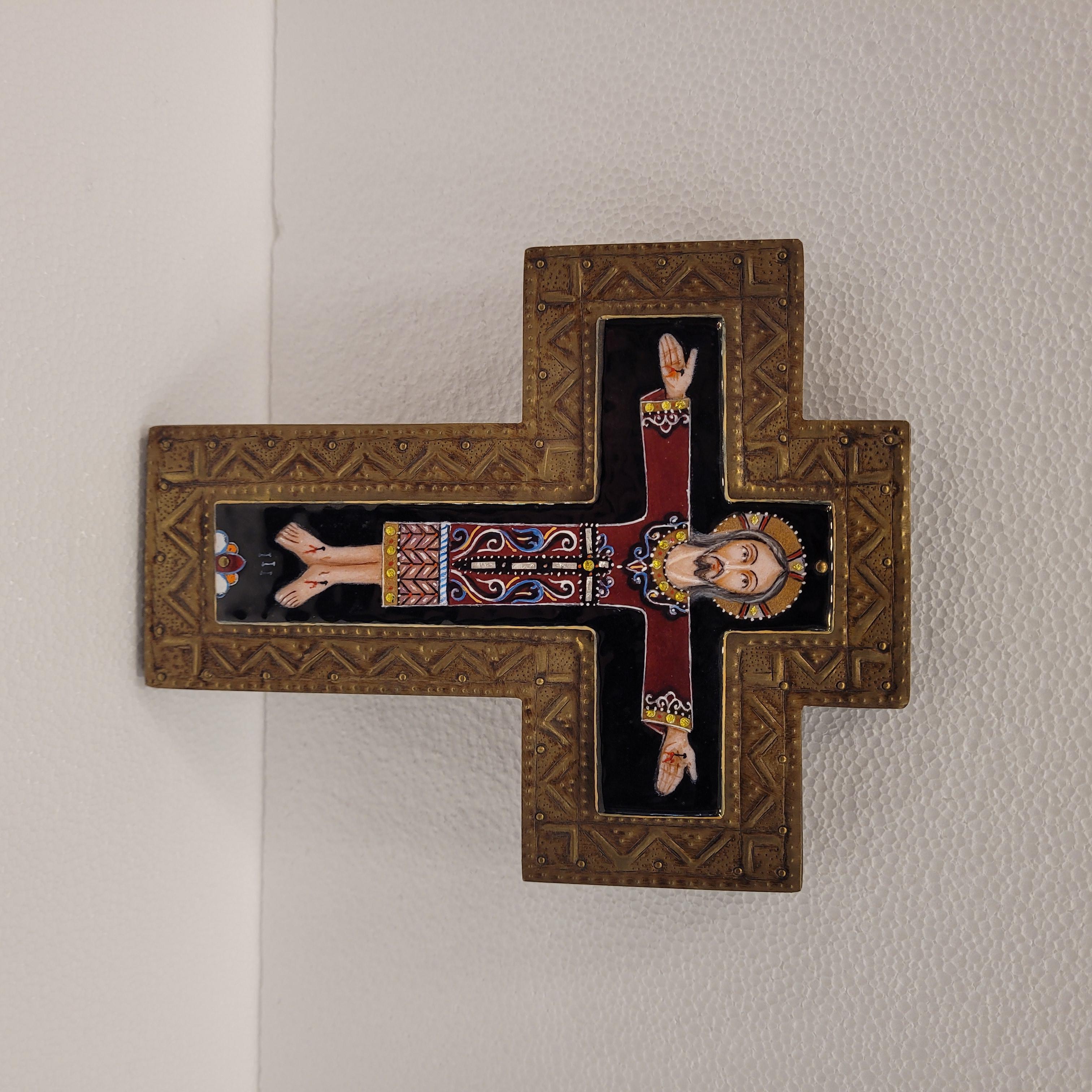 France Vintage Fire-enameled crucified Christ, brass and wood cross For Sale 1