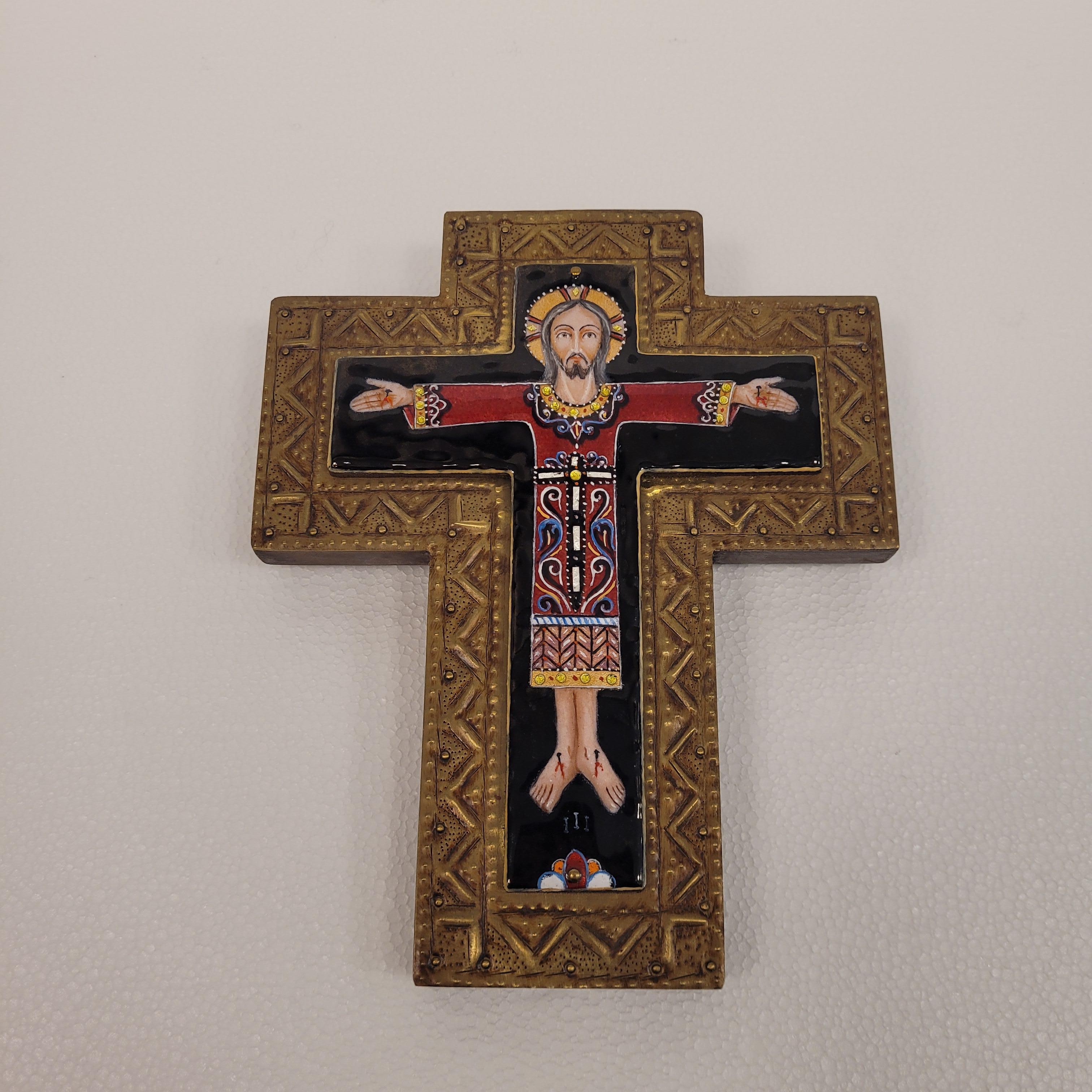 France Vintage Fire-enameled crucified Christ, brass and wood cross For Sale 4