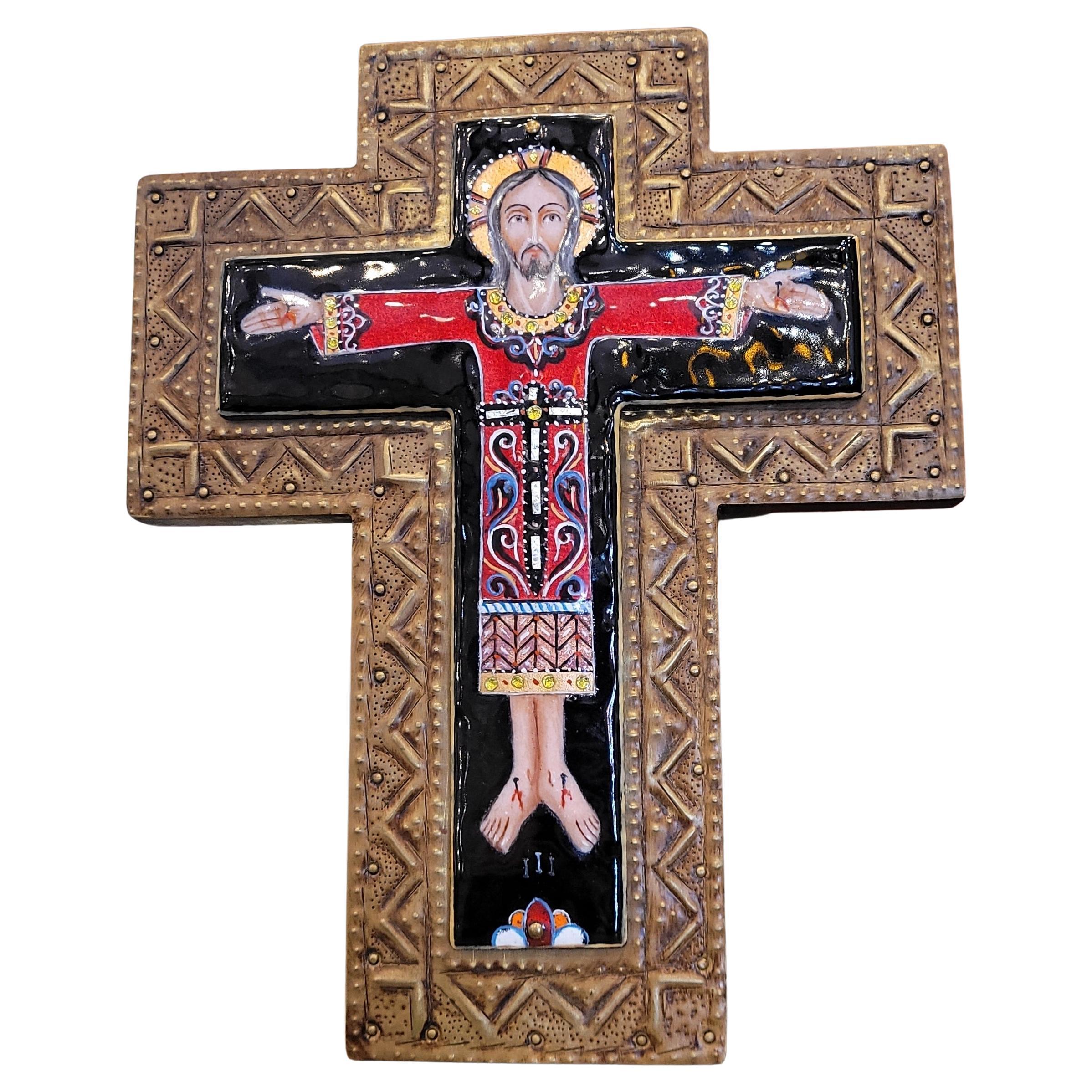France Vintage Fire-enameled crucified Christ, brass and wood cross