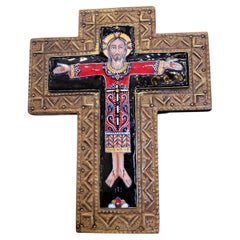 France Vintage Fire-enameled crucified Christ, brass and wood cross