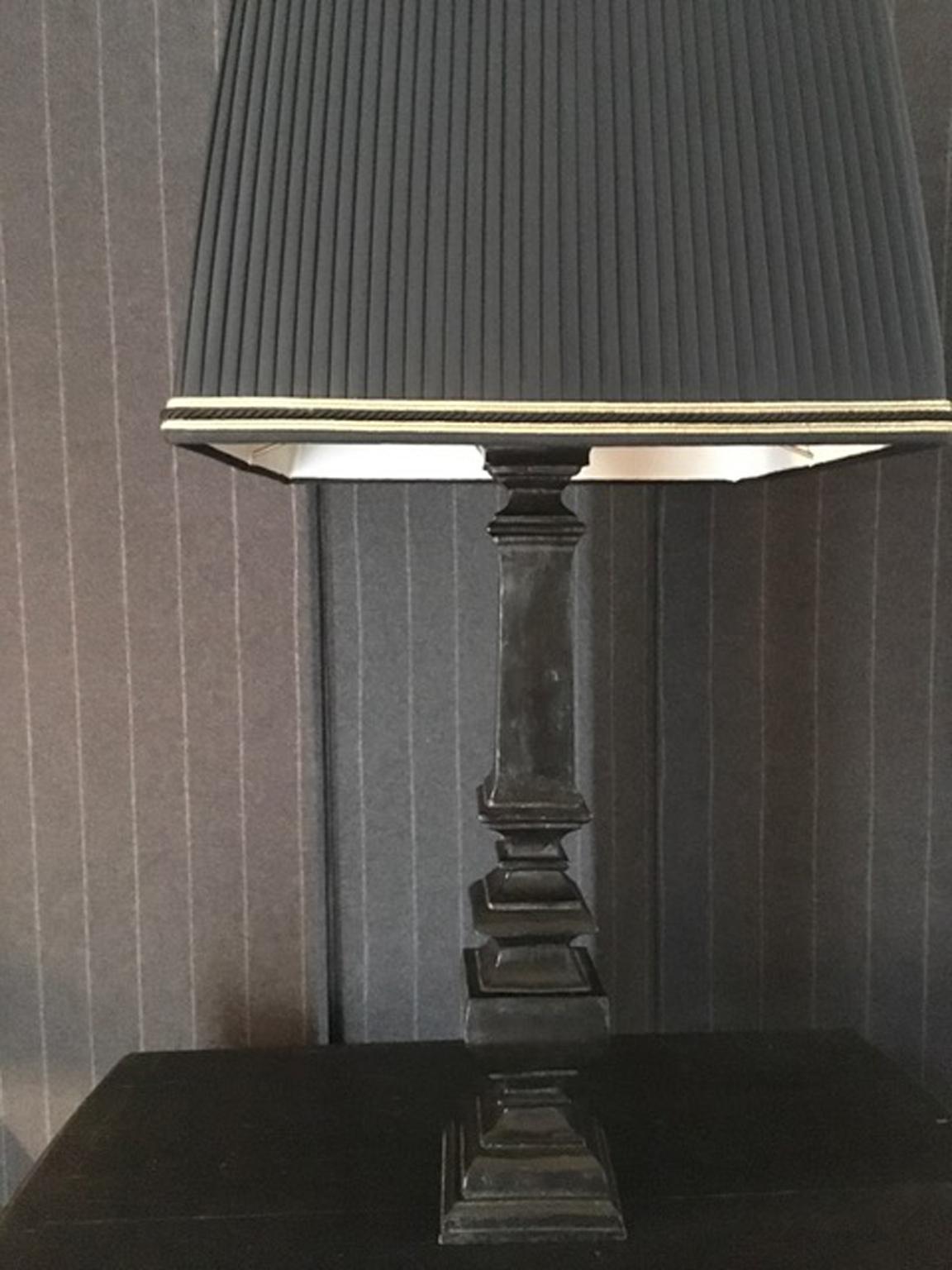French France Black Laquered Wood Table Lamp with Black Fabric Lampshade For Sale