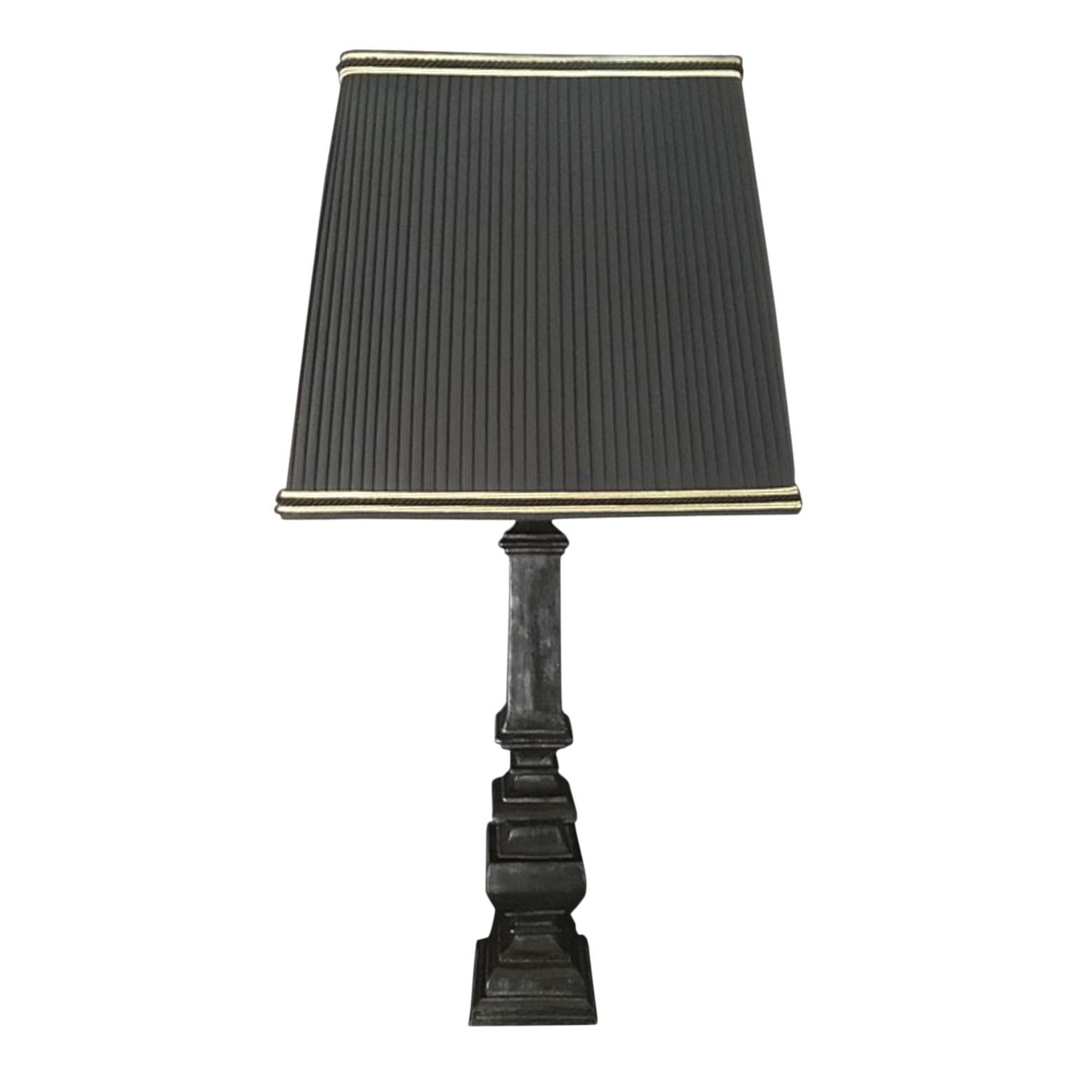 France Black Laquered Wood Table Lamp with Black Fabric Lampshade For Sale