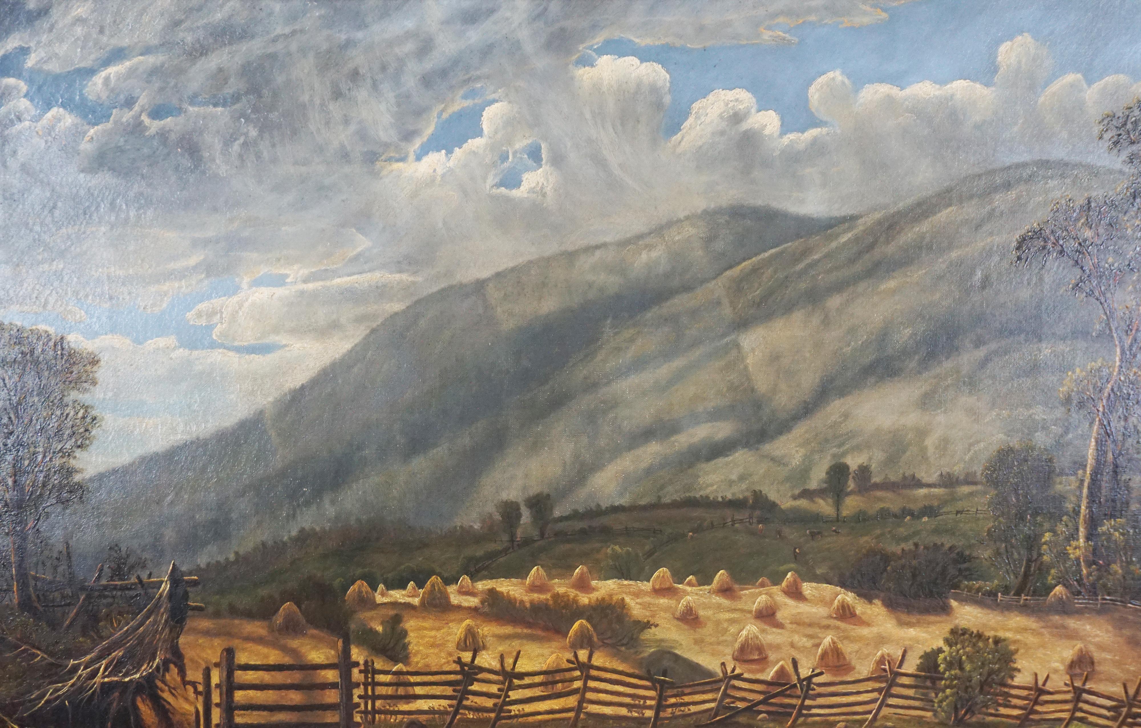Pintura al óleo original de finales del siglo XIX sobre un paisaje del norte del estado de Nueva York - Figurative Painting Gris de Frances B. Clark