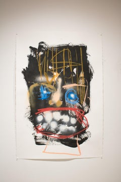 Large Hooray Face, Enamel & Oil Pastel on Paper - Figurative Abstract Expression