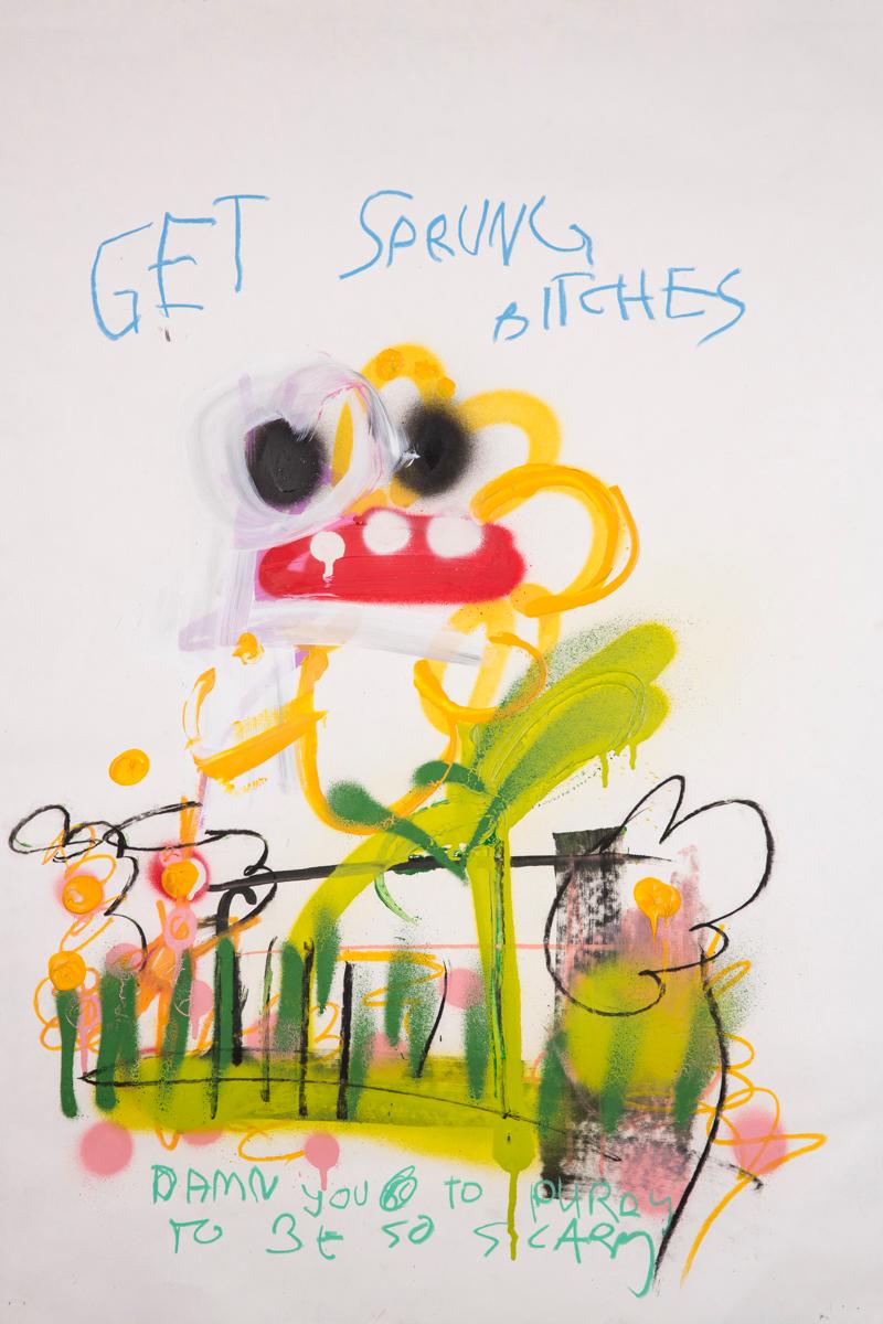 Frances Berry  Abstract Painting - Get Sprung, Bitches - Acrylic and oil pastel on paper, flower with hooray face