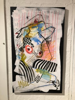 Striped Nude - Figurative abstract, spray paint, acrylic, stripes, pink, black