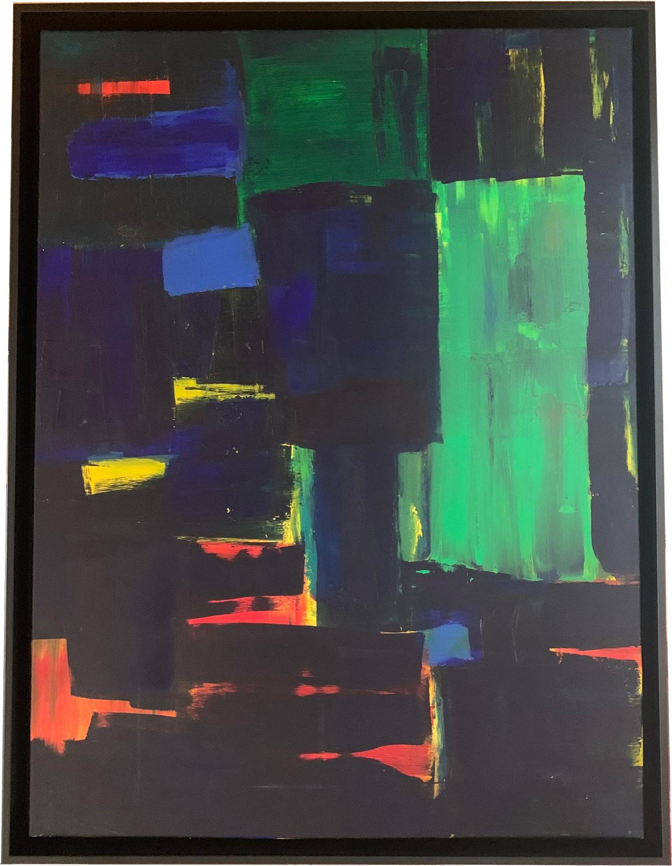 In 'Manhattan Window,' the riotous use of color takes center stage, a symphony of bright yellows and greens that collide with contrasting tones of black, red, and blue. The canvas pulsates with energy, each hue a brushstroke of emotion, a testament