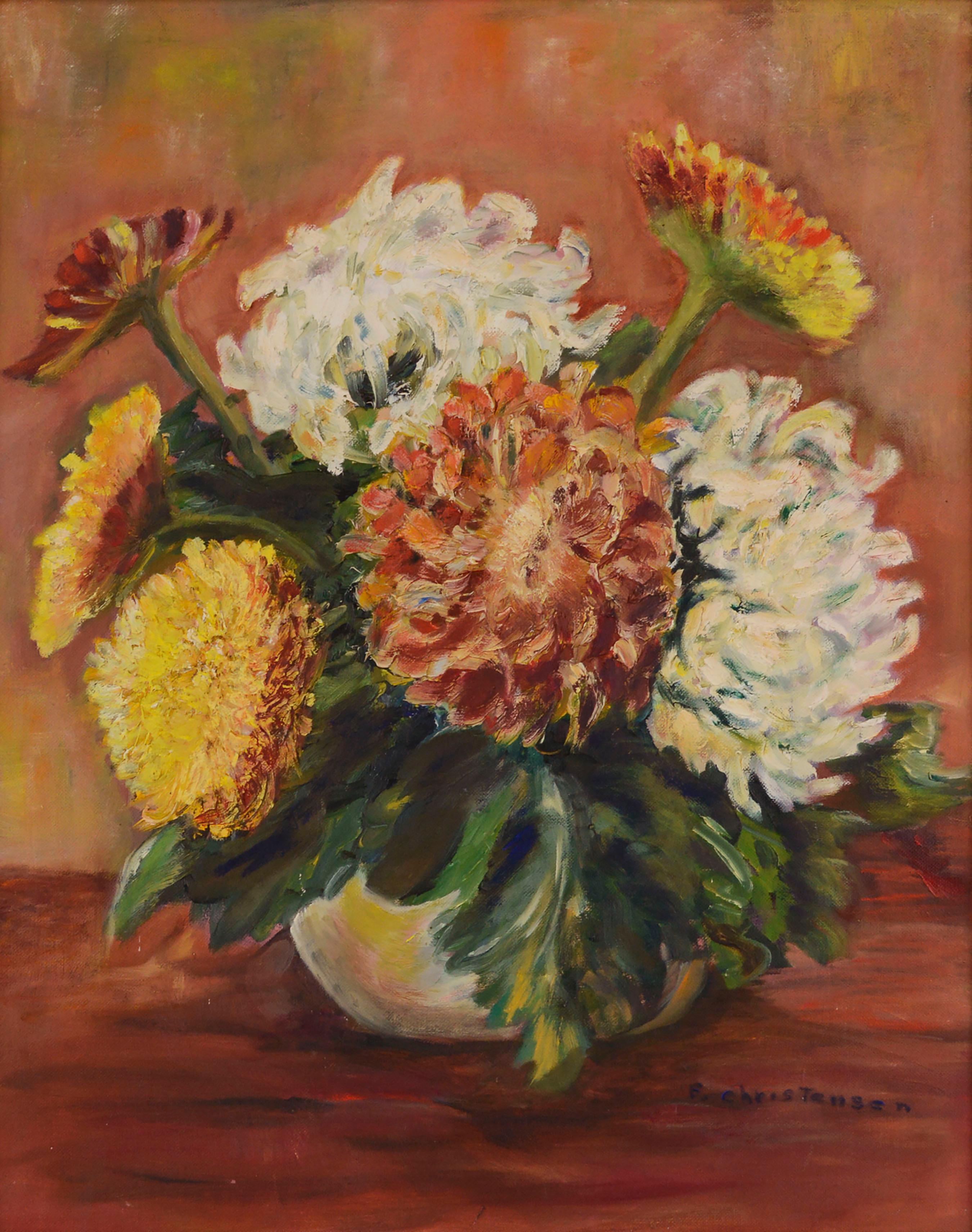 Bodegón floral de mediados de siglo al óleo sobre lienzo envuelto en cartulina para ilustraciones - Painting de Frances Christensen