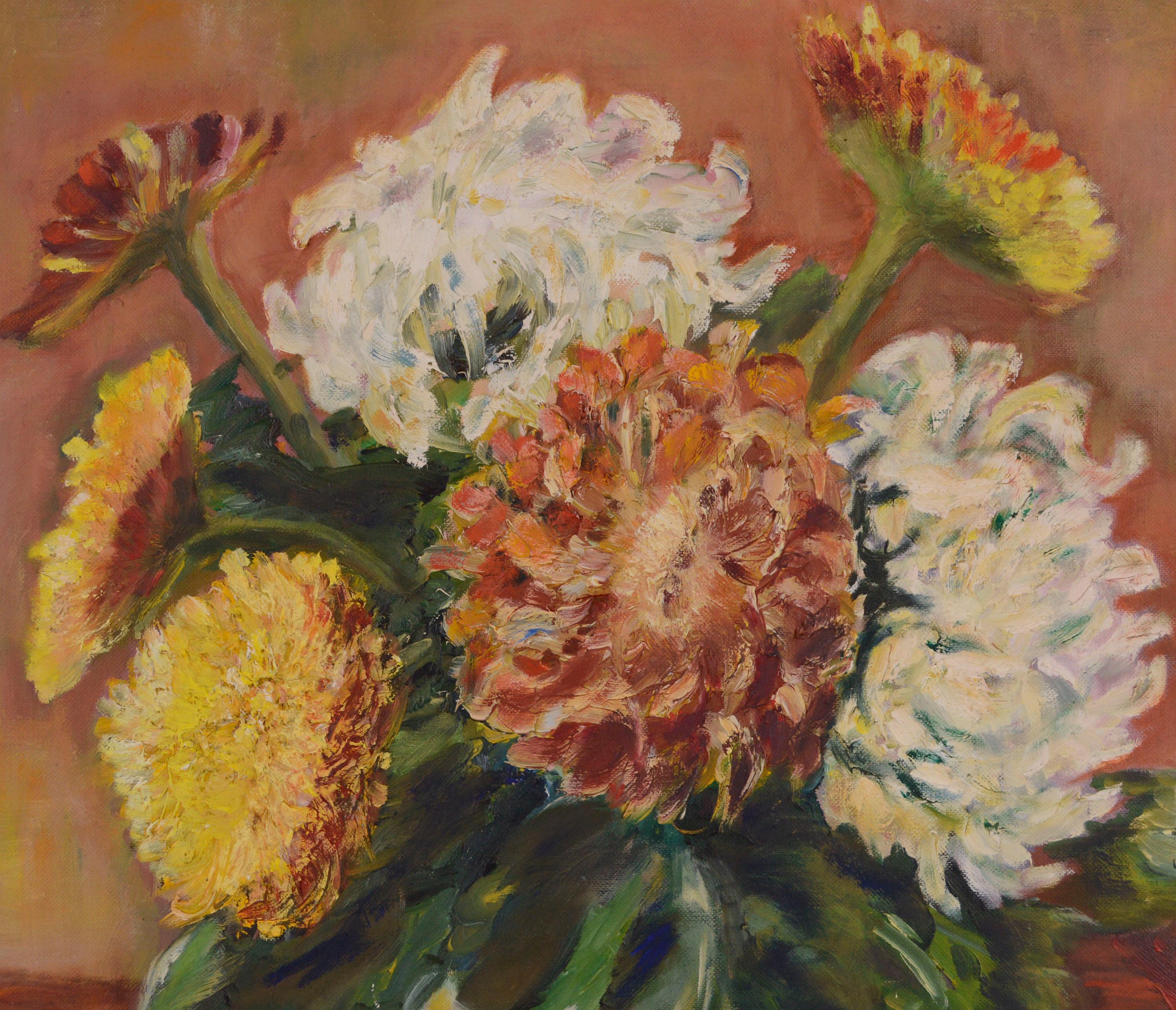 Bodegón floral de mediados de siglo al óleo sobre lienzo envuelto en cartulina para ilustraciones - Painting moderno estadounidense de Frances Christensen