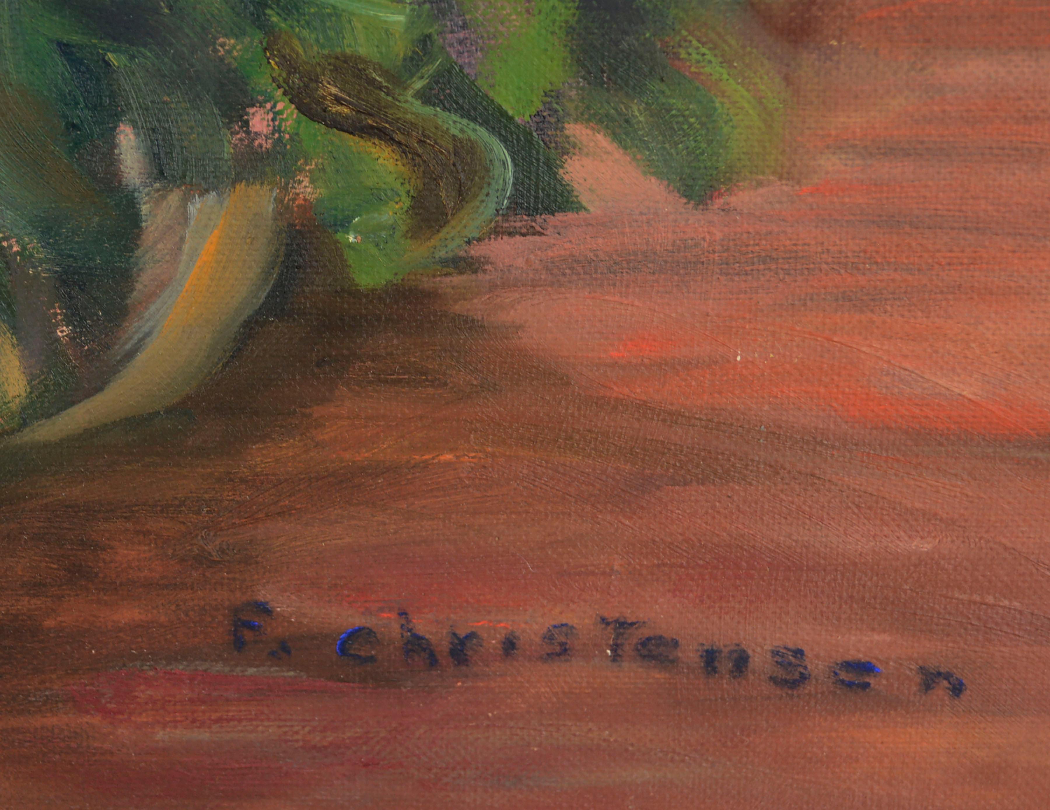 Bodegón floral de mediados de siglo al óleo sobre lienzo envuelto en cartulina para ilustraciones - Still-Life Painting Marrón de Frances Christensen