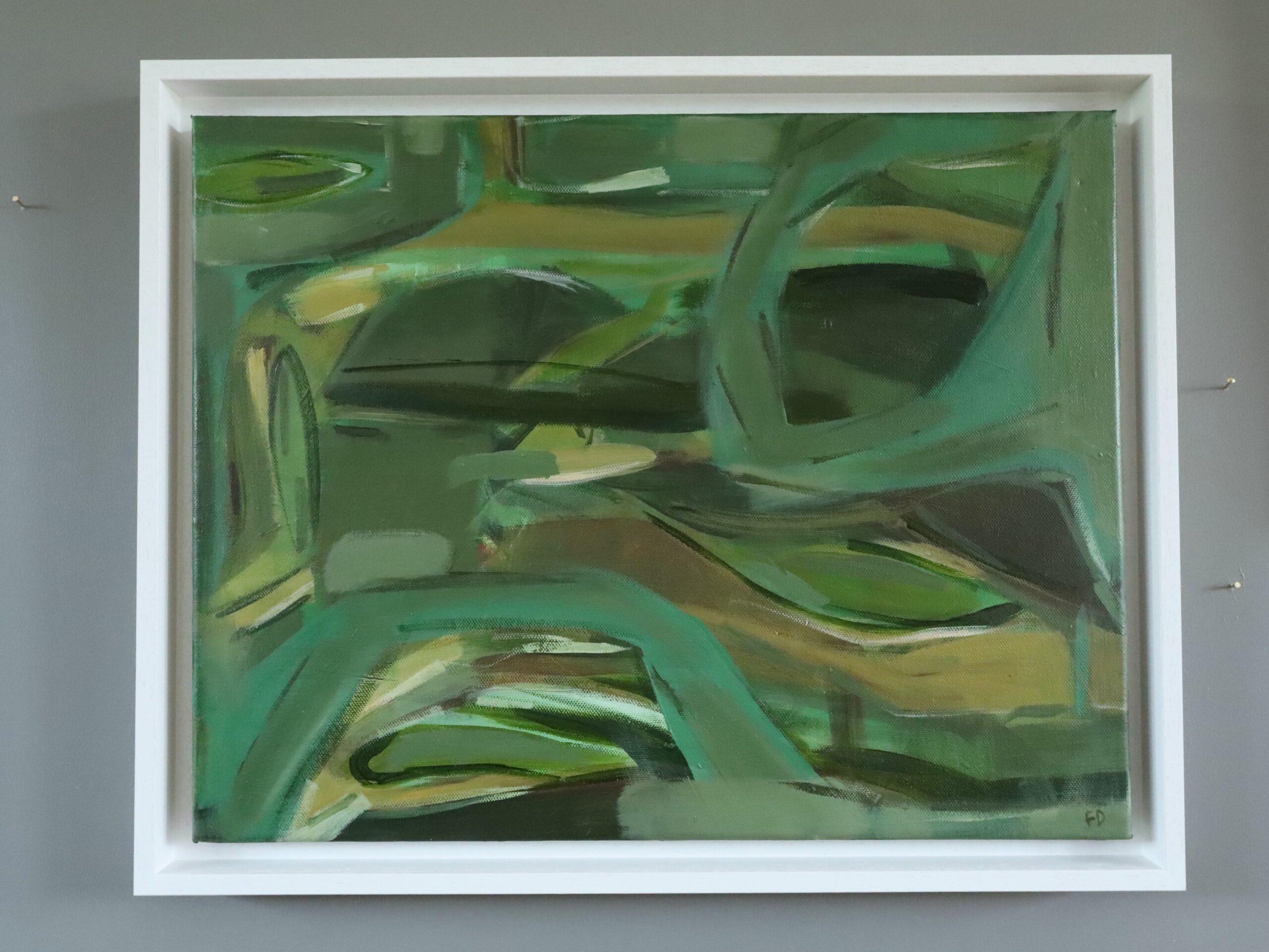 Contemporary Modernist Original Abstract Acrylic Painting - Resting in Green - Gray Abstract Painting by Frances Daws