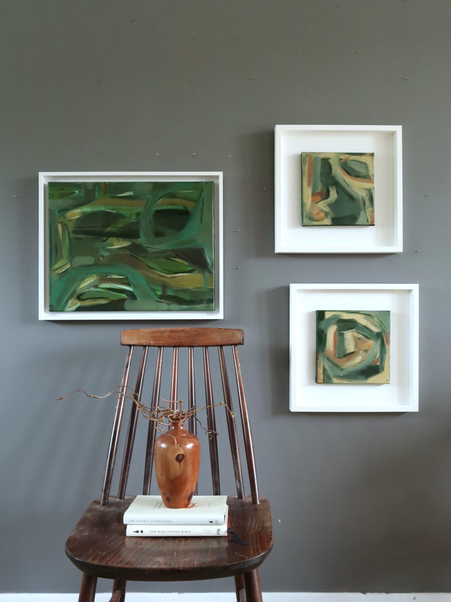 RESTING IN GREEN
Size: 40.5 x 50.5 cm (including frame)
Acrylic on canvas

A brilliantly executed contemporary abstract composition, executed in acrylic onto canvas, by British artist Frances Daws.

The paintings in this series respond to the
