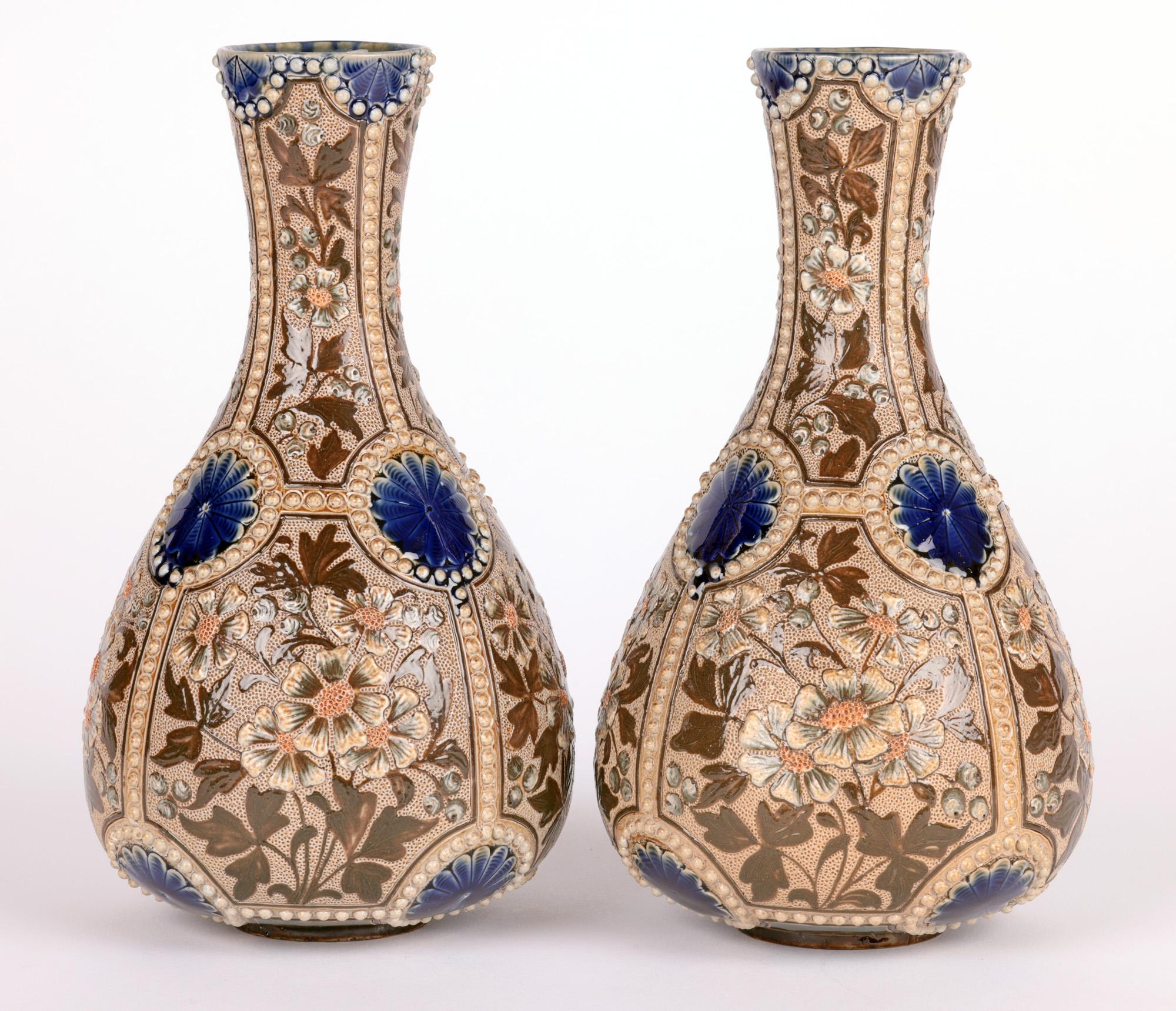 Frances E Lee Doulton Lambeth Pair Exceptional Floral Bottle Vases 1