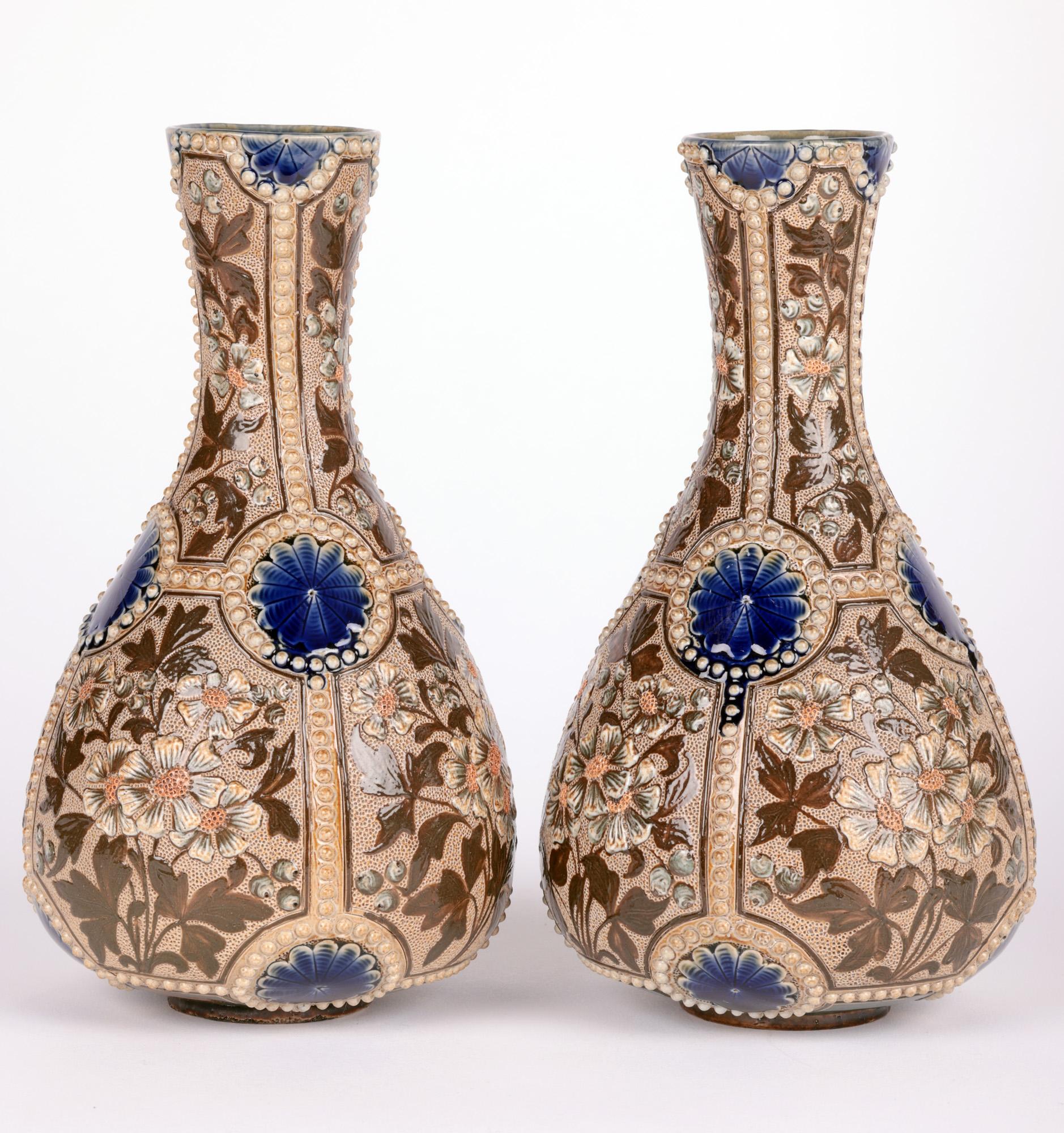 Frances E Lee Doulton Lambeth Pair Exceptional Floral Bottle Vases 5