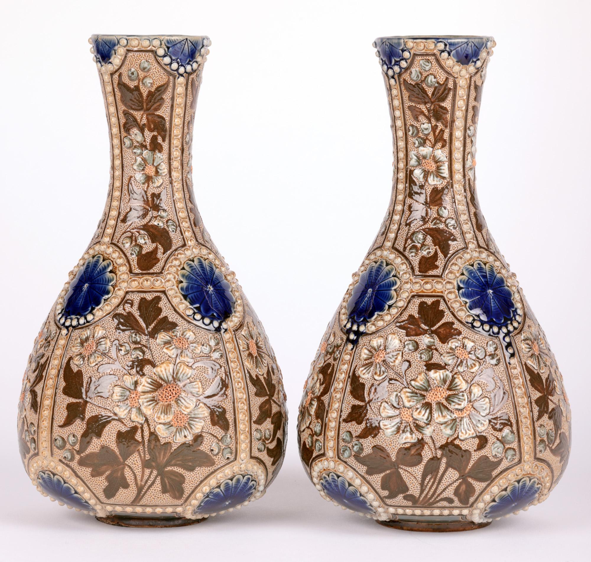 English Frances E Lee Doulton Lambeth Pair Exceptional Floral Bottle Vases