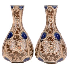 Frances E Lee Doulton Lambeth Pair Exceptional Floral Bottle Vases