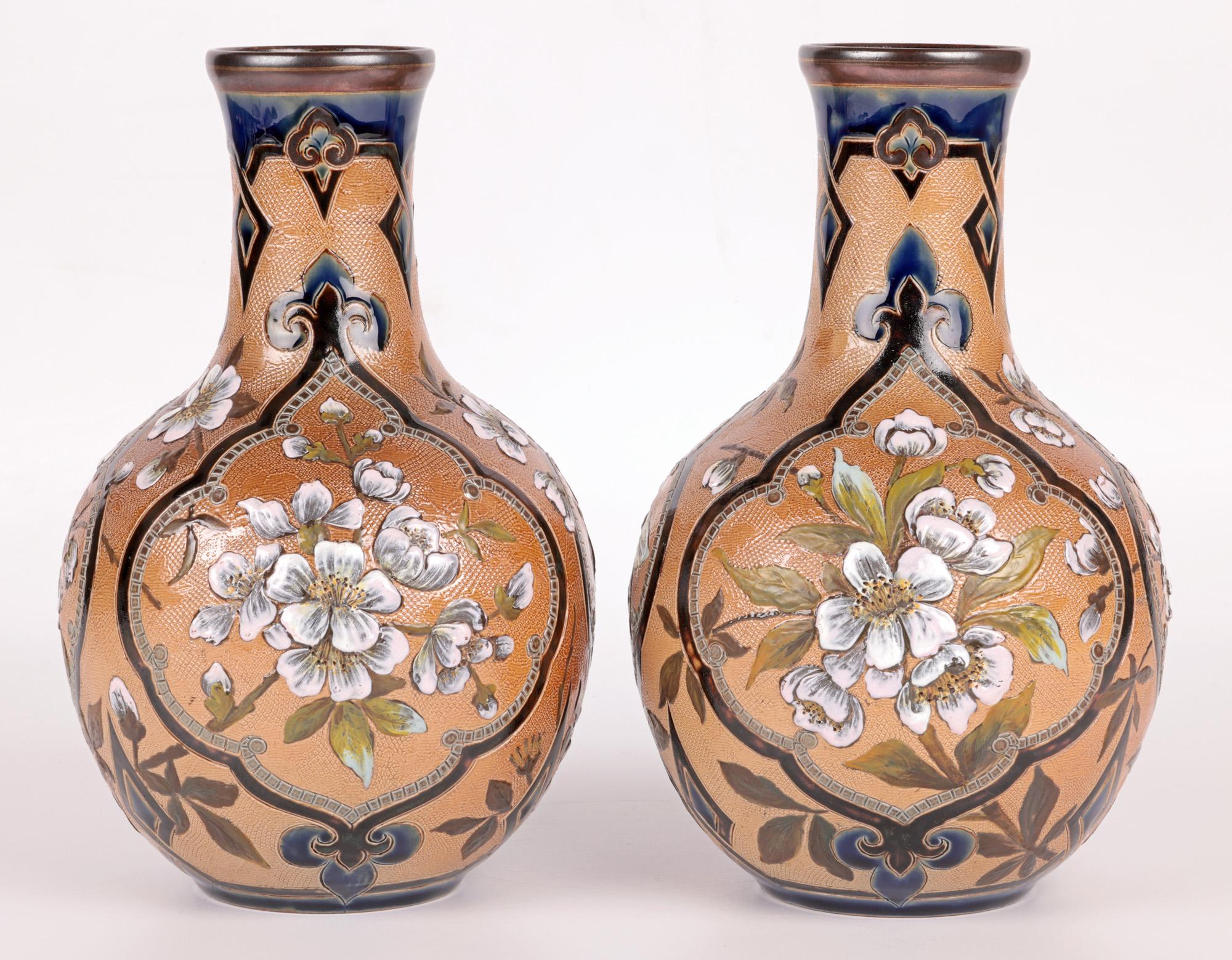 Frances E Lee Impressive Pair Doulton Lambeth Slaters Floral Painted Vase For Sale 1