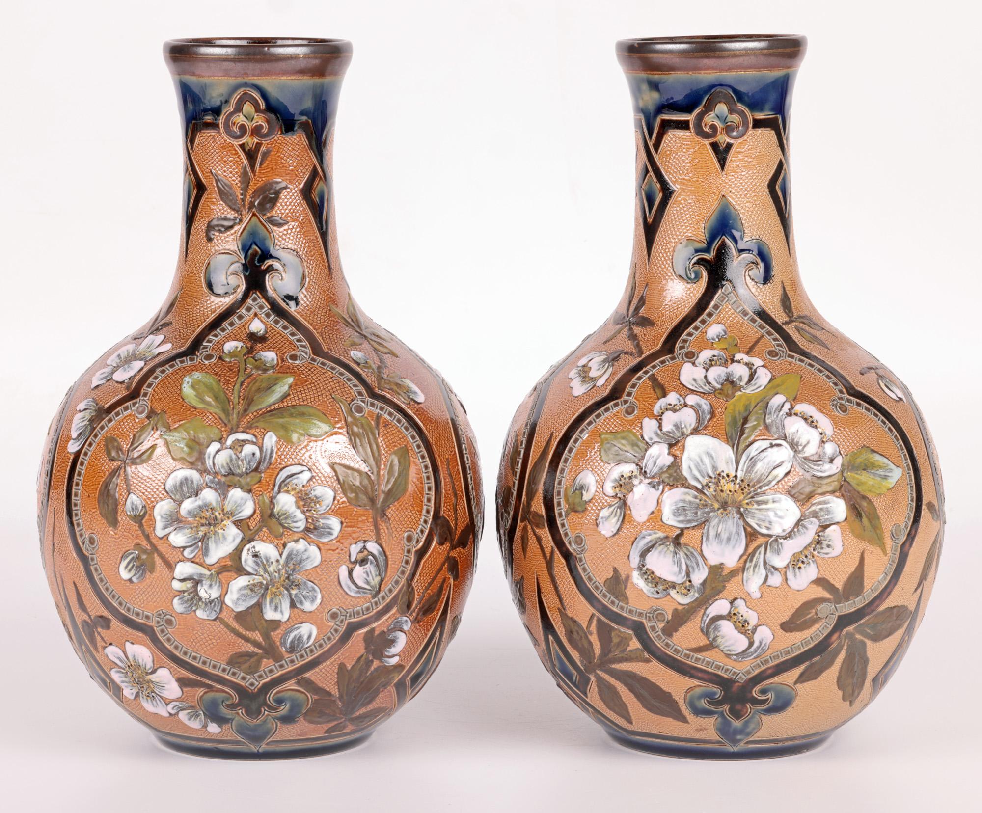 Frances E Lee Impressive Pair Doulton Lambeth Slaters Floral Painted Vase For Sale 3