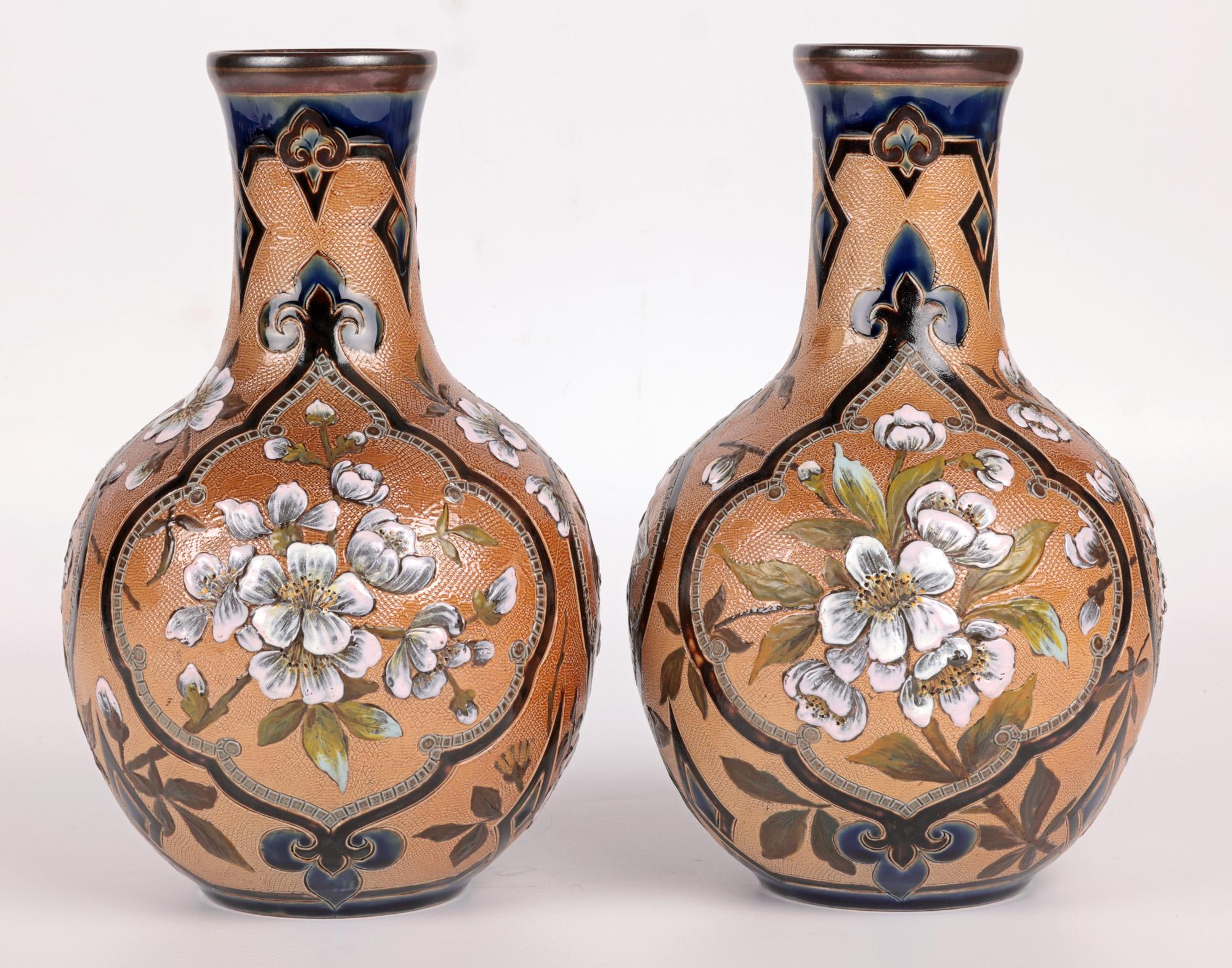 English Frances E Lee Impressive Pair Doulton Lambeth Slaters Floral Painted Vase For Sale