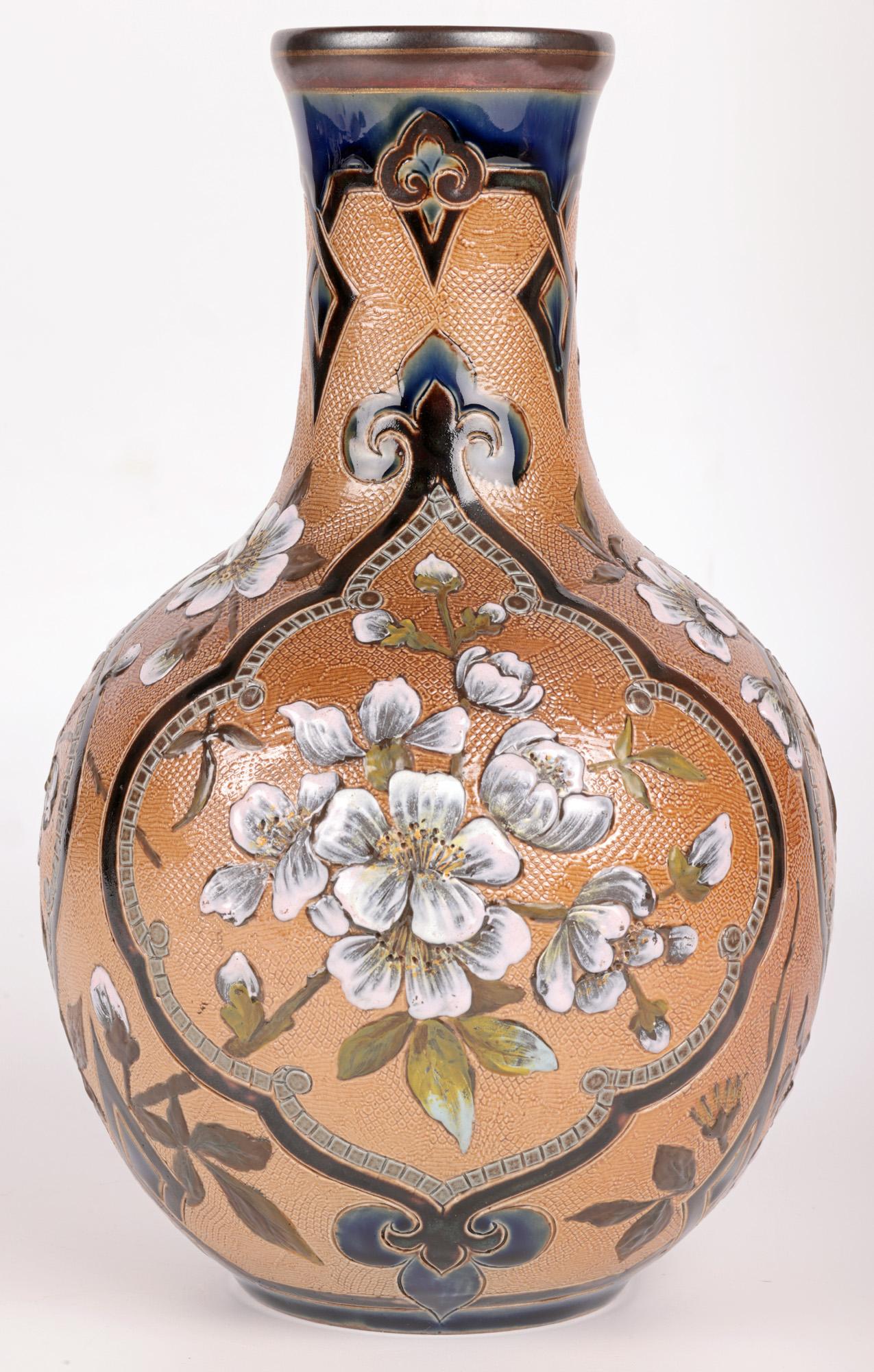 Frances E Lee Impressive Pair Doulton Lambeth Slaters Floral Painted Vase In Good Condition For Sale In Bishop's Stortford, Hertfordshire