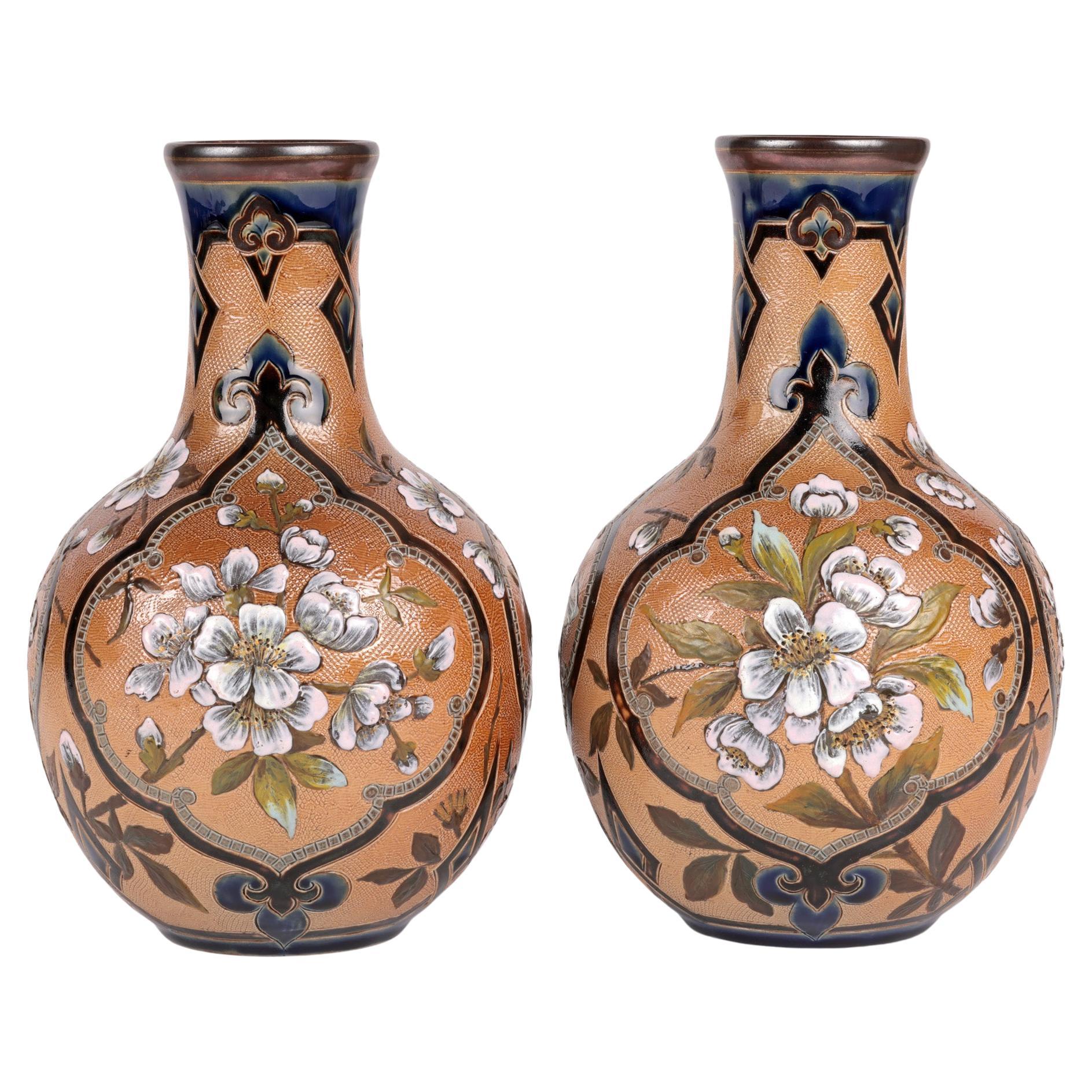 Frances E Lee Impressive Pair Doulton Lambeth Slaters Floral Painted Vase For Sale
