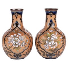 Antique Frances E Lee Impressive Pair Doulton Lambeth Slaters Floral Painted Vase