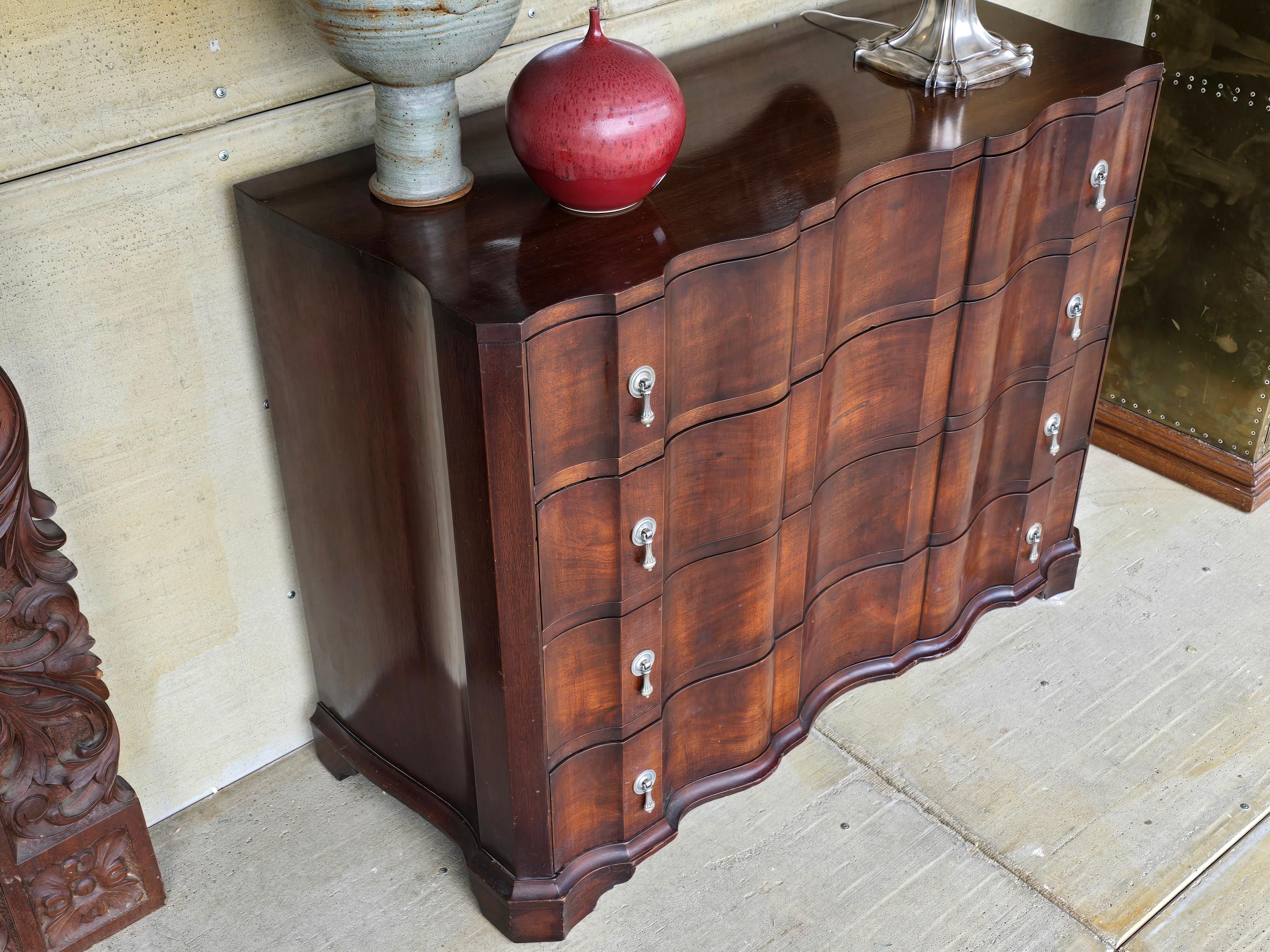 Carved Frances Elkins Attributed Mahogany Block-Front Chest with Silverplate Pulls For Sale