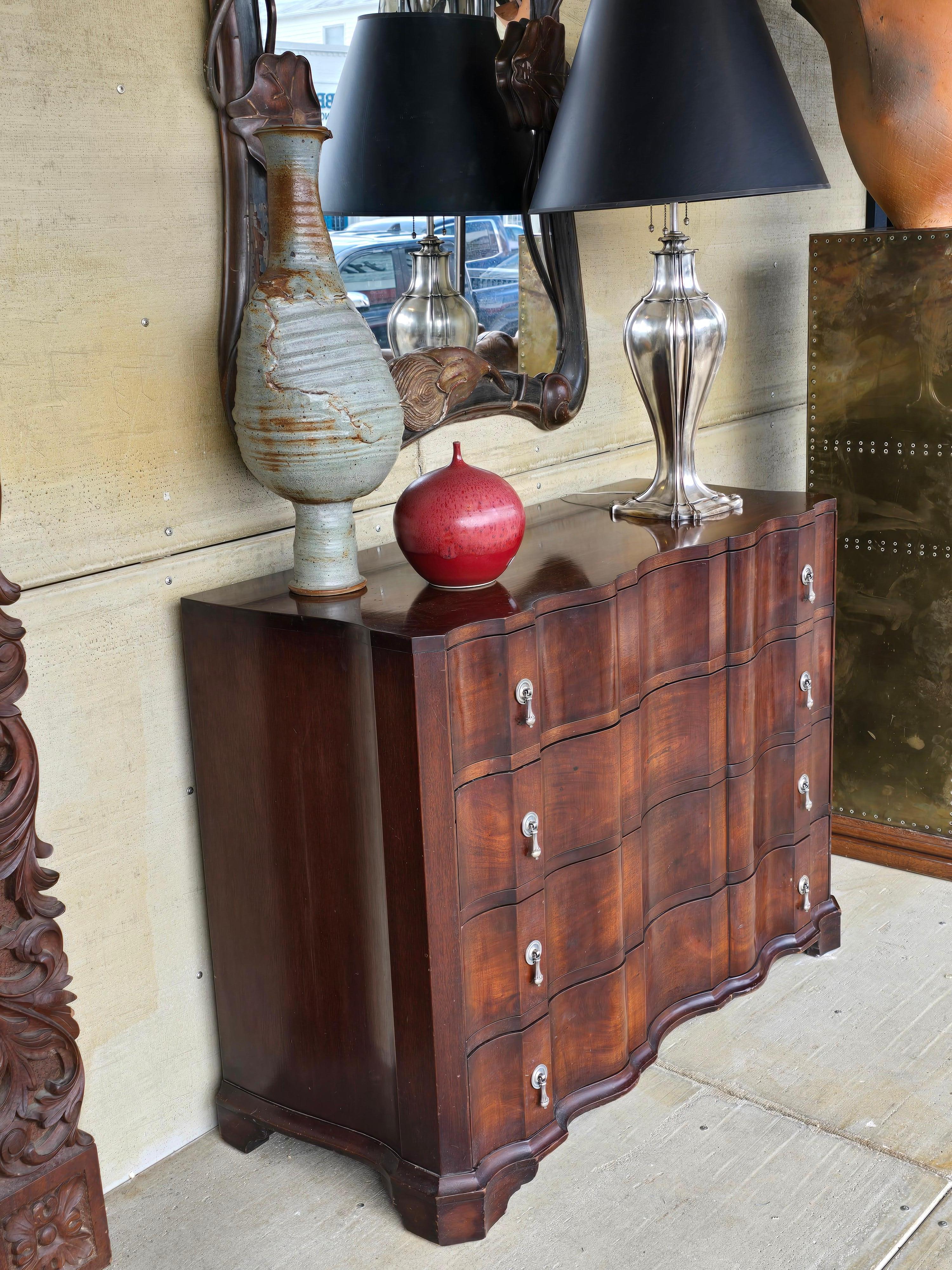 Frances Elkins Attributed Mahogany Block-Front Chest with Silverplate Pulls In Good Condition For Sale In Kilmarnock, VA