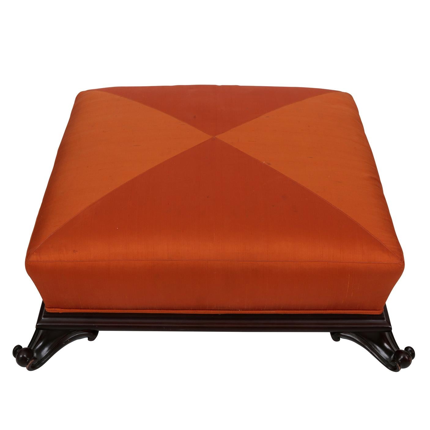 Mid-Century Modern Frances Elkins Footed Turkish Ottoman in Orange Silk Upholstery For Sale