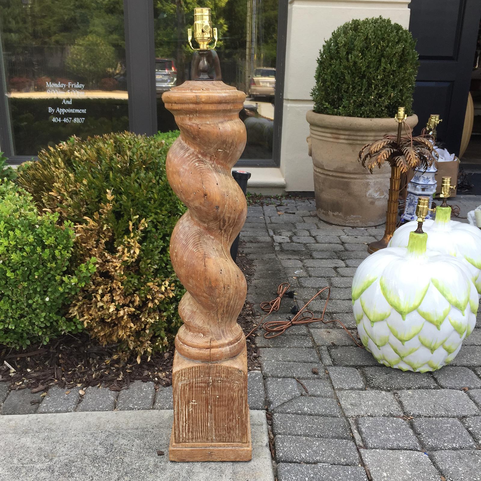 Large scale 20th century bleached wood turned column lamp with limed finish
In the style of Frances Elkins
New wiring.